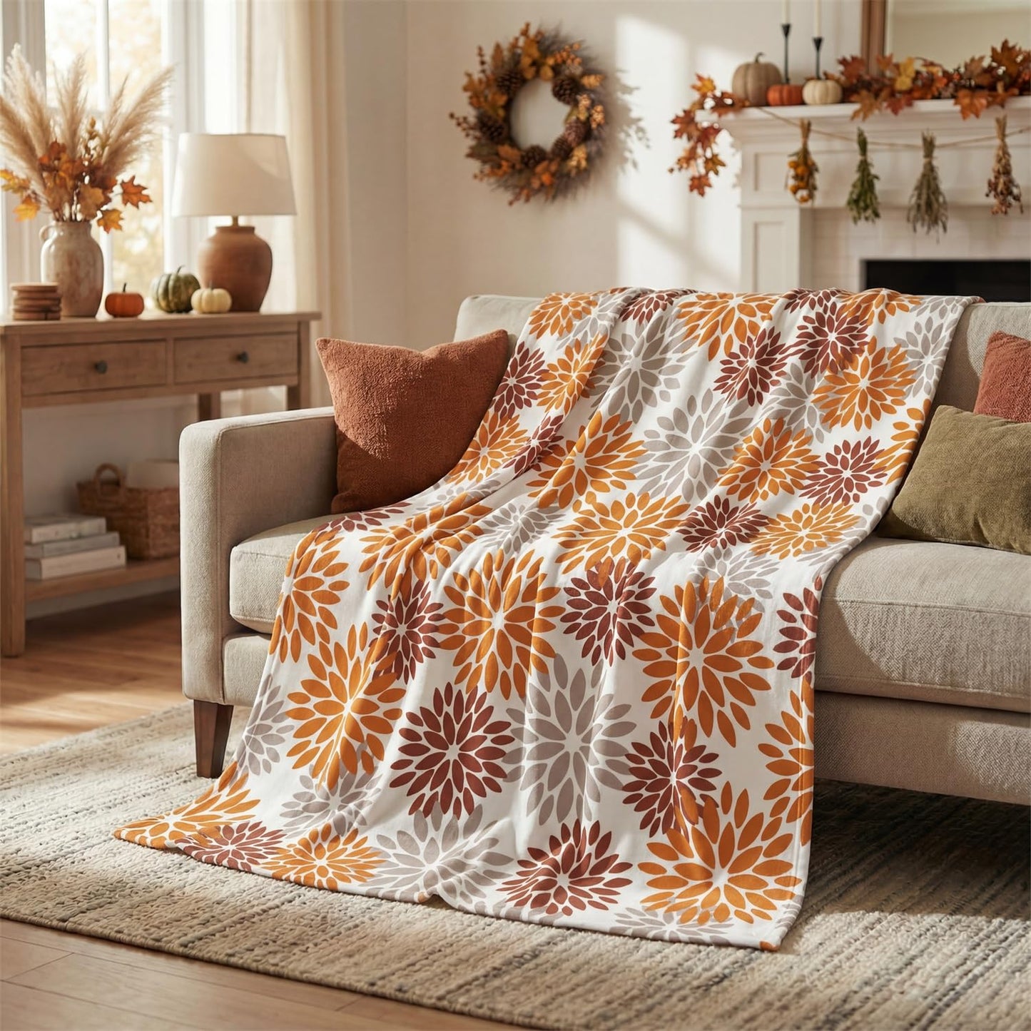 Horaldaily Orange Grey Dahlia Pinnata Blanket Throw, Fall Floral Soft Fuzzy Plush Faux Fur Cozy Blankets for Couch Sofa Bed Lounging, Ideal Gifts for Kids Adults Self 50x60