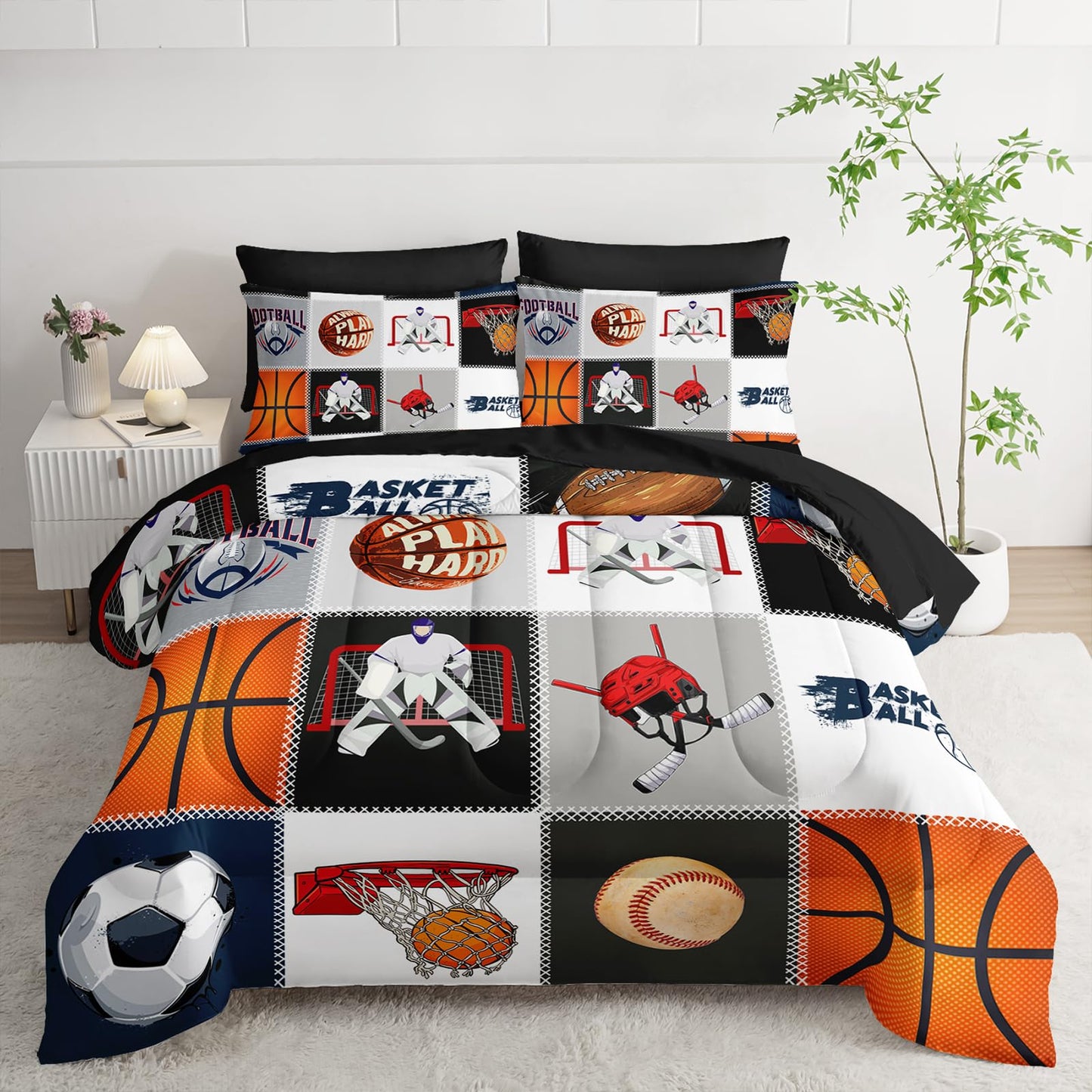 AILONEN Sports Comforter Set Twin Size,Basketball Football Soccer Ball Print Player Bed in a Bag,7Pcs Soft Microfiber Comforter,Fitted Sheet,Flat Sheet,2 Pillowcases,2 Pillow Shams for Kids Boys Men
