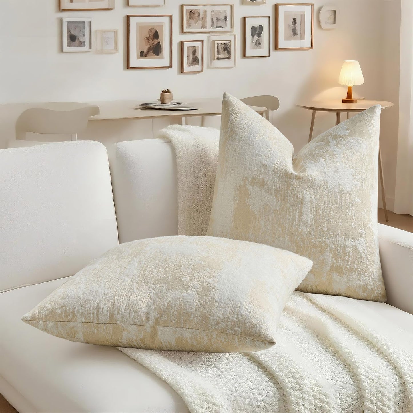 HAUSSY Pack of 2 Lumbar Throw Pillow Covers 18x18 Inch,Faux Cashmere Jacquard Decorative Patten Furry Pillowcases Textured & Soft Cushion Covers for Couch Bed Room Home Decor,Beige White(Covers Only)