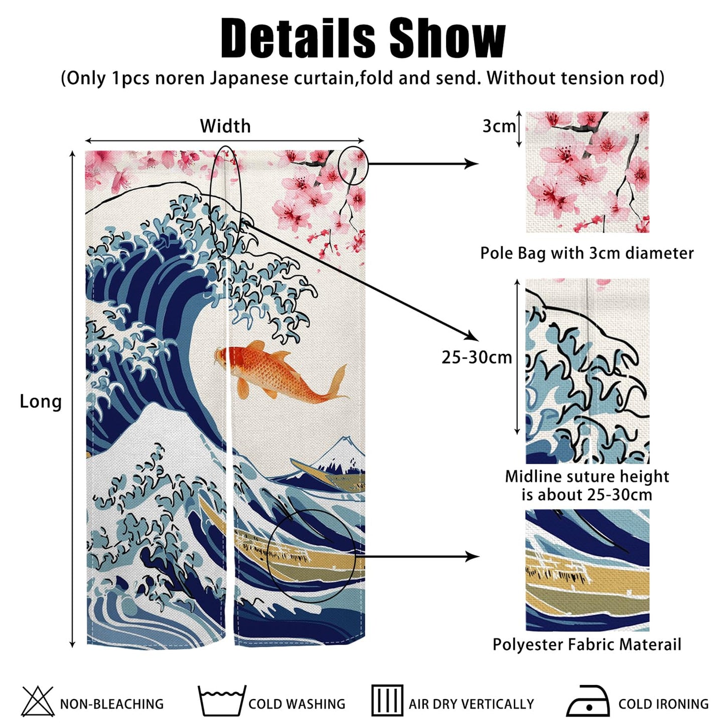 Leowefowa Japanese Traditional Noren Doorway Curtain Long Style Kio Fish Window Treatment Blossom Japanese Noren Curtain for Doorway Tapestry Room Privacy Divider Kitchen Home Decor, 33.5"x 70.9"
