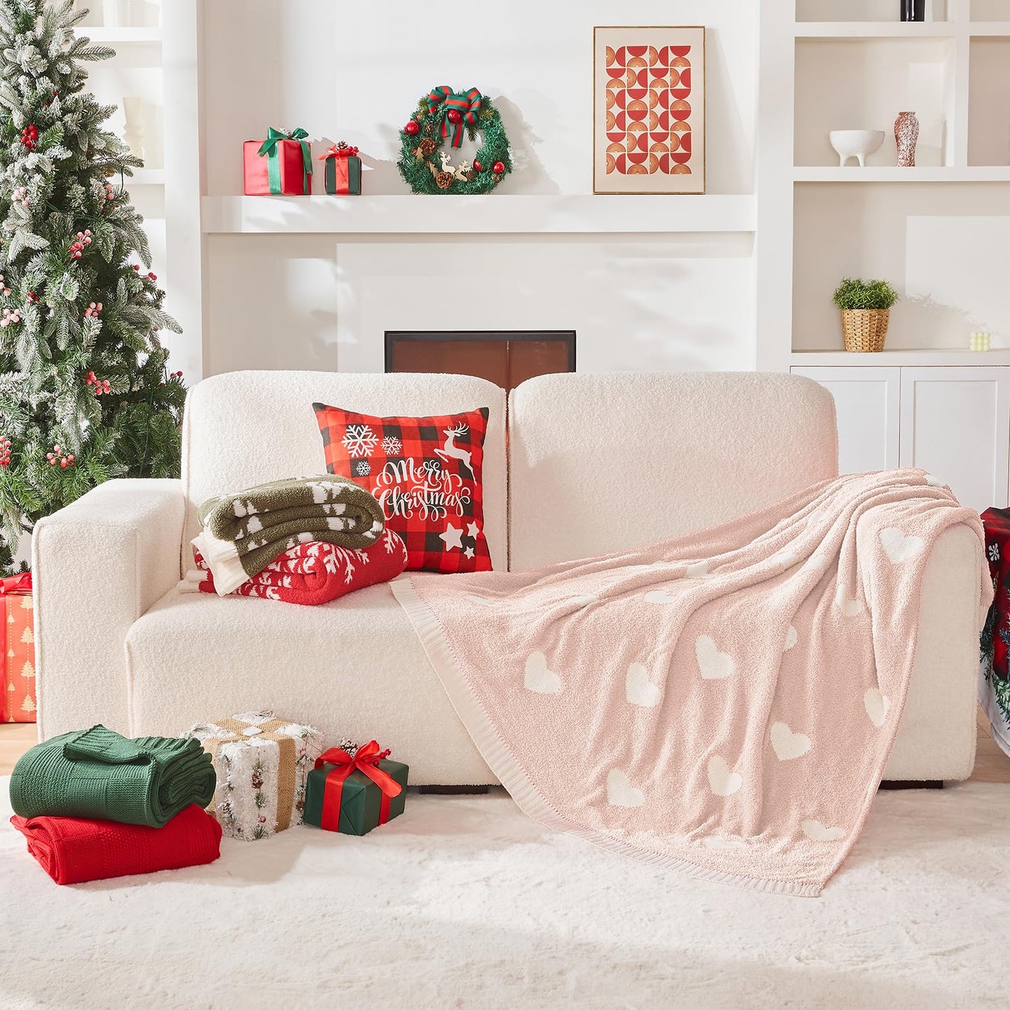 Douceur Love Heart Throw Blanket, Ultra Soft Pink Fluffy Valentine’s Day Blanket, Reversible Cozy Decorative Blanket for Bed Couch Sofa, Super Soft Indoor Living Room Plush Throws, 50"X60"