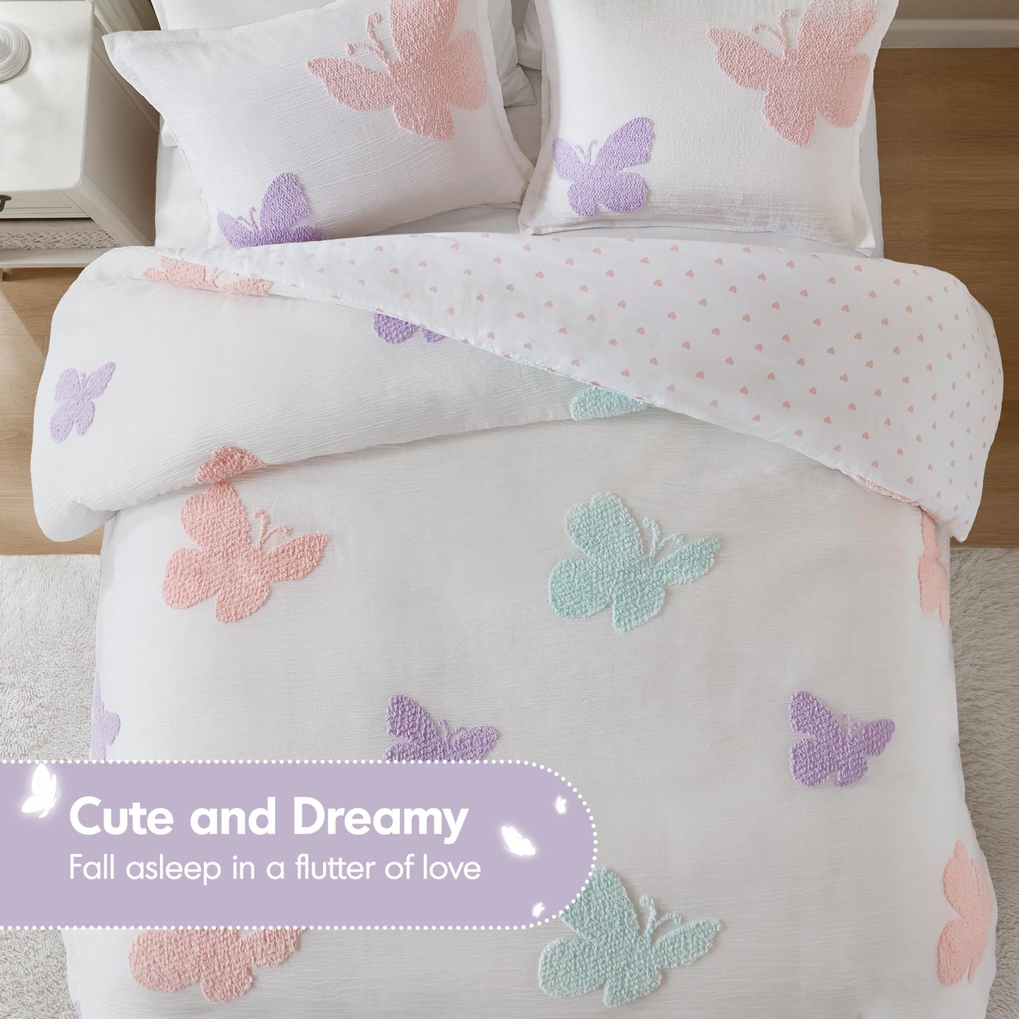 Intelligent Design Kids Rio Full/Queen Duvet Set – Girls’ Reversible Tufted Chenille Bedding with Pastel Purple Butterflies and Pink Dot, 3pcs
