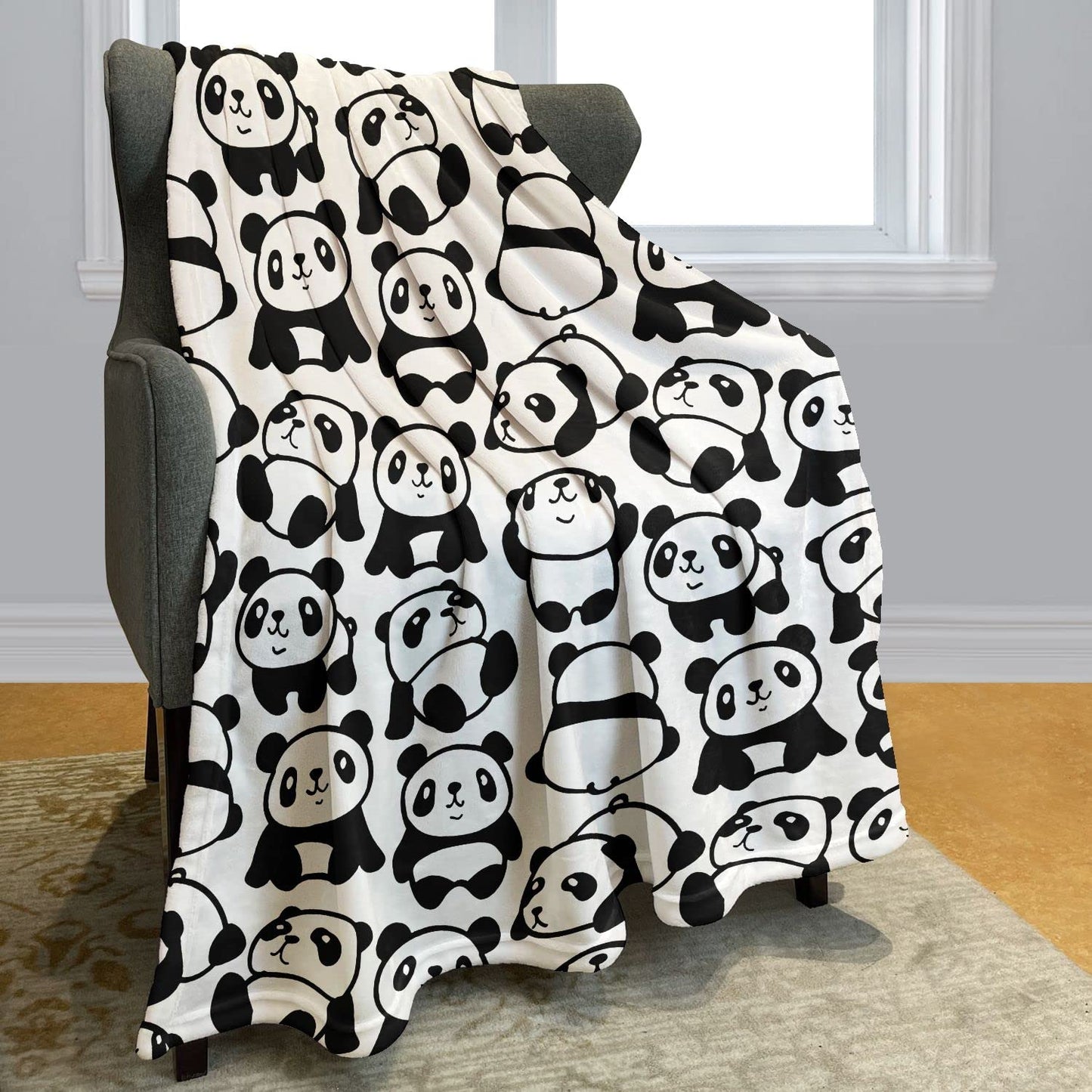 YISUMEI Black and White Panda Blanket, Sitting Lying Down the Little Panda Changes Various Positions, Indoor and Outdoor Use, 60"x80"