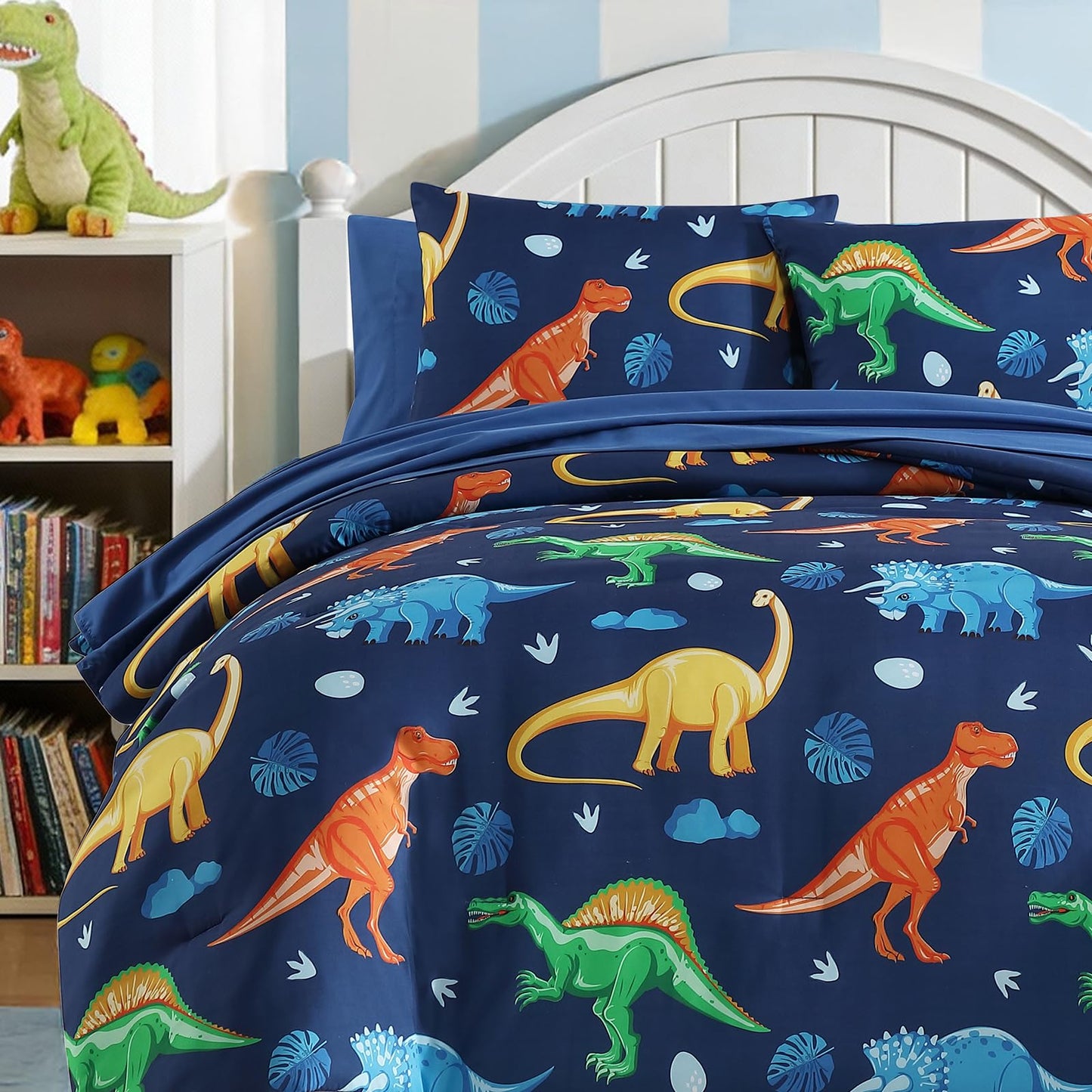 Kaleido Space Twin Comforter Set for Boys Kids - 5 Pieces Navy Dinasour Patterns Twin Bedding Sets for Boys Teen, Soft Cozy Bed in A Bag with Sheets