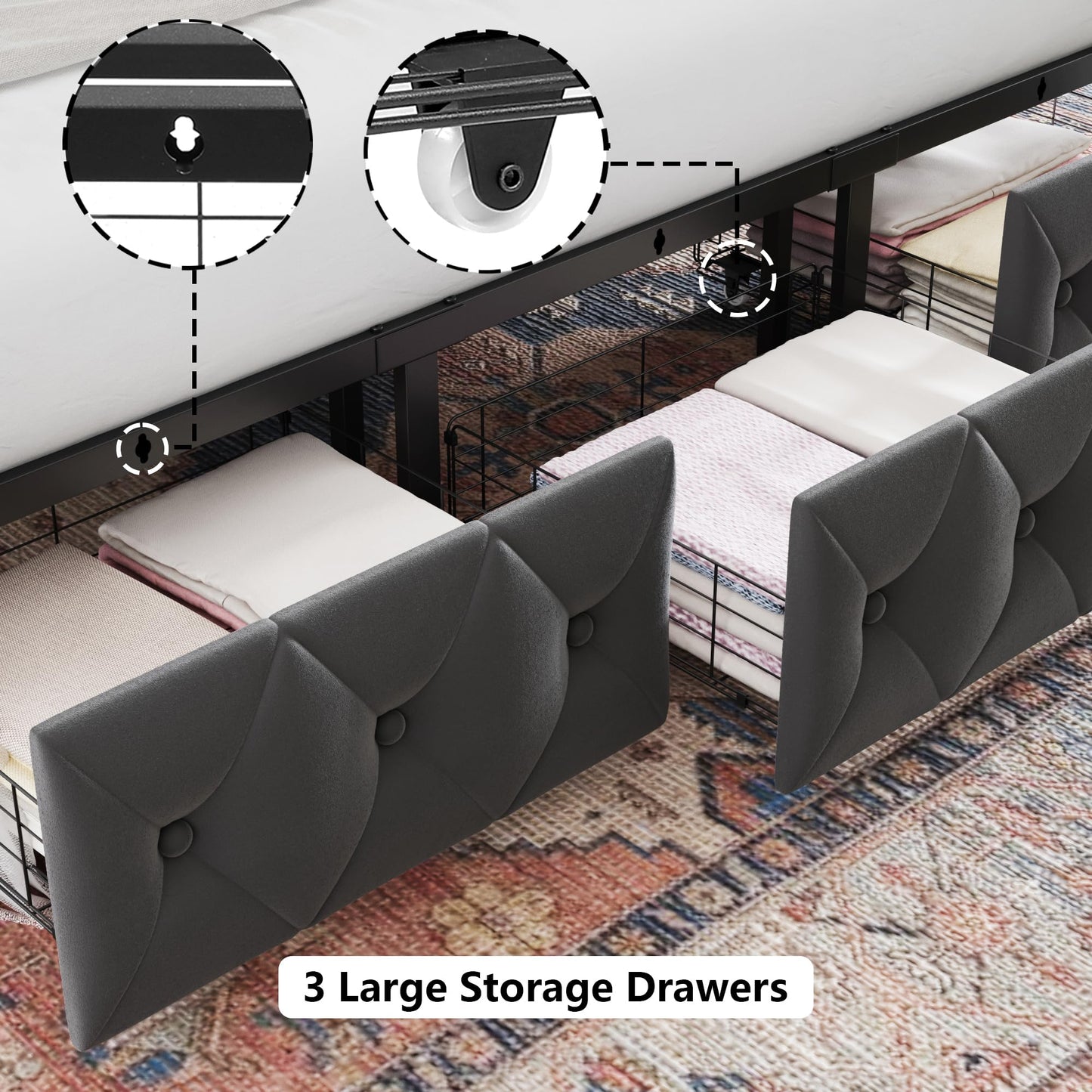 Keyluv King Upholstered Canopy Bed Frame with 3 Storage Drawers & Button Tufted Headboard, Metal Platform Bed with 4 Removable Posts, Two-Purpose Velvet Bed, Dark Grey/Curtain Not Included