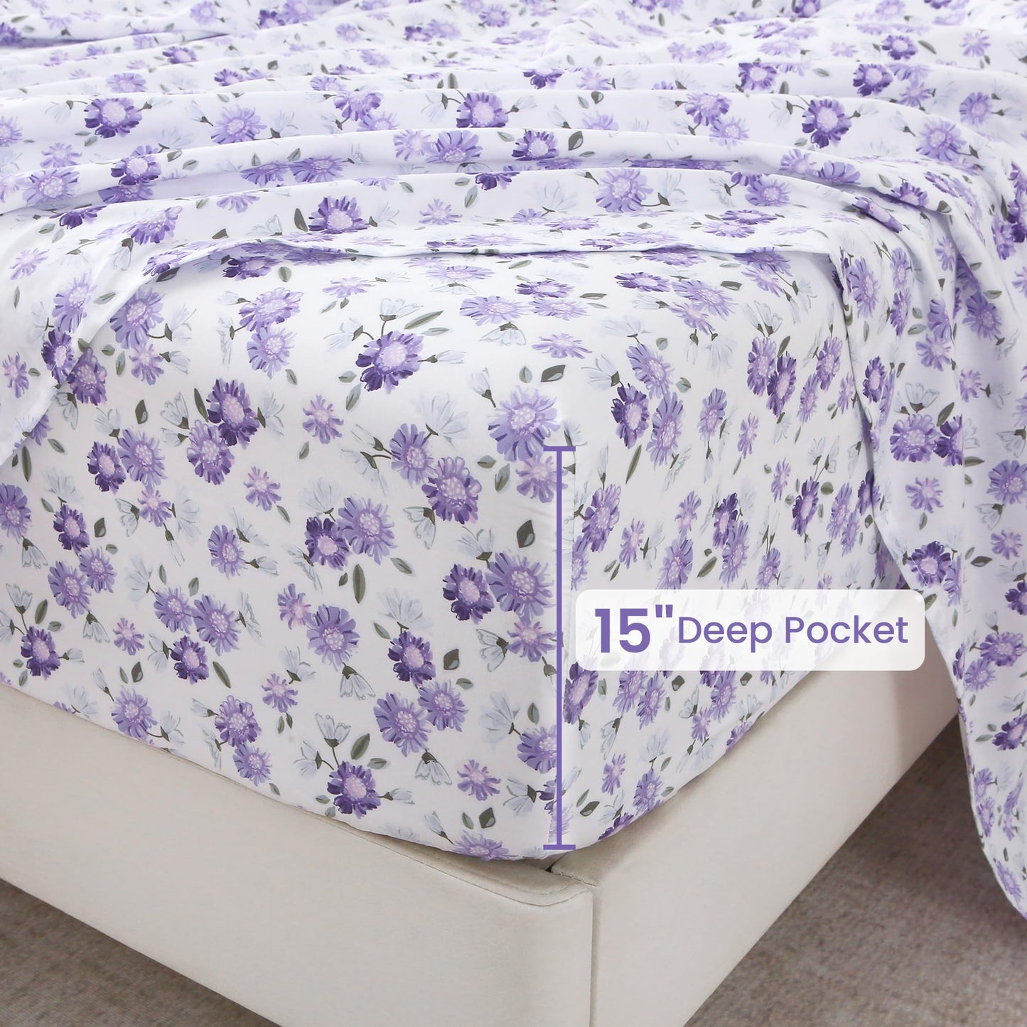 Softan Puple Floral King Sheet Set, 4-Piece Microfiber Printed Fitted Sheet with 15" Deep Pockets & Non-Slip Straps, White Flower Patterned Bedding Sheets & Pillowcase Set