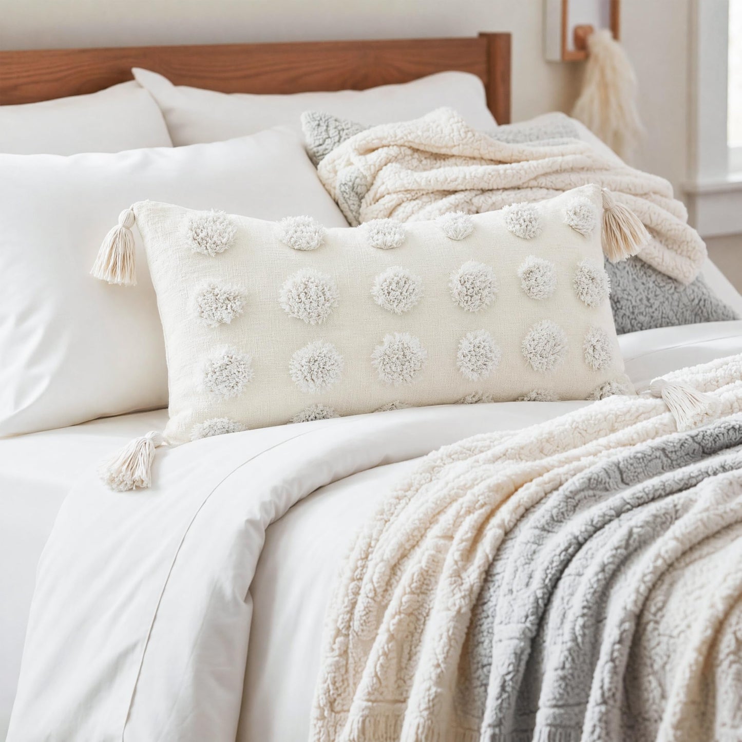 PANOD Super Soft Farmhouse Decorative Plush Throw Pillow Covers 12 x 20 White,Solid Pom pom Tufted with Tassels Modern Accent Boho Lumbar Cushion Cover Pillow Case for Couch Sofa