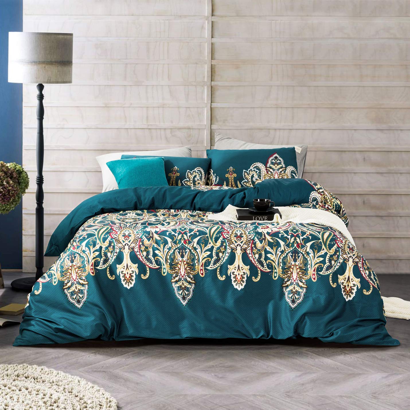 YuHeGuoJi Teal Paisley Duvet Cover King 100% Egyptian Cotton 3 Pcs Set 1 Beige Damask Duvet Cover with Zipper Ties 2 Pillowcases European Vintage Boho Damask Pattern Bedding Set Soft