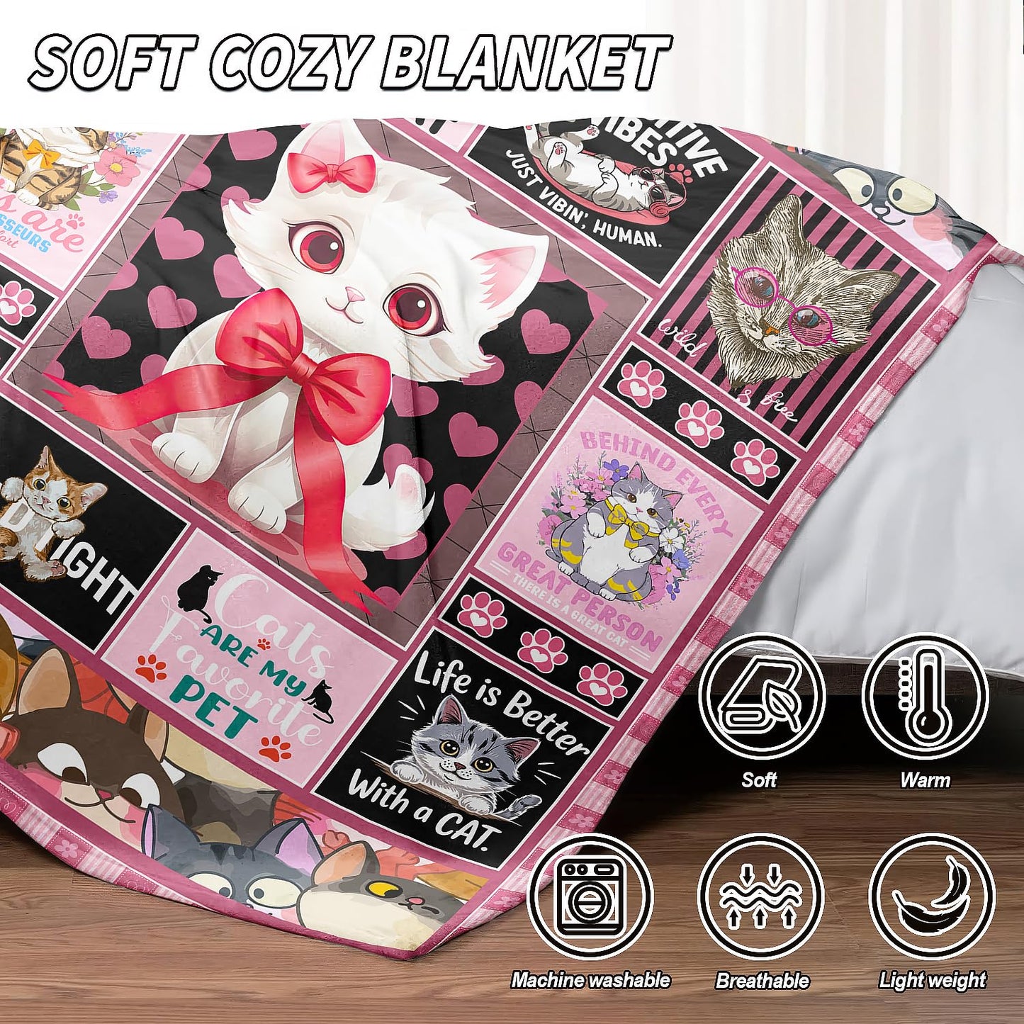 XSMEI Cat Throw Blanket, Cute Kitten Quotes Collage, Soft Cozy Fleece Blanket for Couch Bed, 60 x 80 Inches
