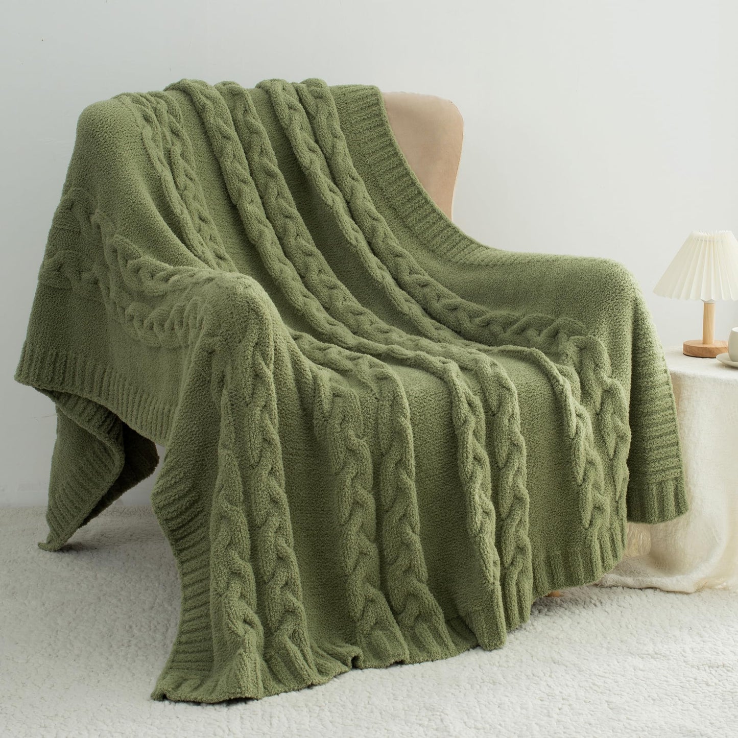 GINAMUSE Chunky Knit Blanket Super Soft Cable Fluffy Microfiber Cozy Warm Winter Blankets for Couch Sofa Bed Twin Size 60"X80" Olive Green