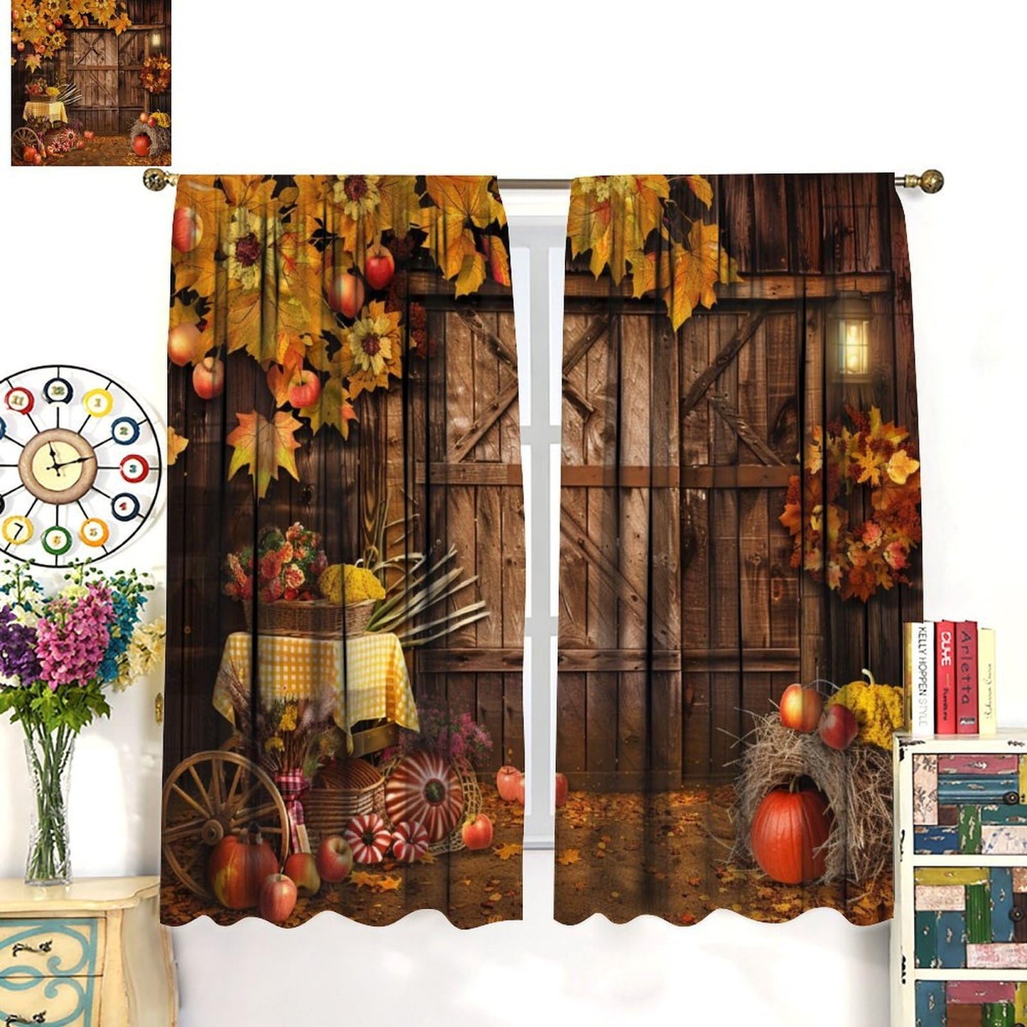 Nanacur Thanksgiving Curtains, Fall Rustic Vintage Farmhouse Barn Wooden Door Print Rod Pocket Window Treatments Drapes for Kitchen Bedroom Living Room 41" W X 45" L (No Blackout)