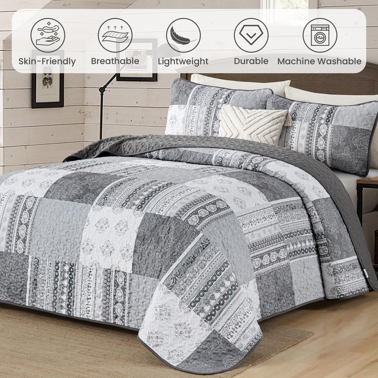 Dintszyayue Grey Quilt Set Queen Size Boho Patchwork Bedspread Coverlet 3 Pieces, Bohemian Floral Plaid Quilt Bedding Set Soft Microfiber Summer Bedding Bedspread Set, 96''x90''