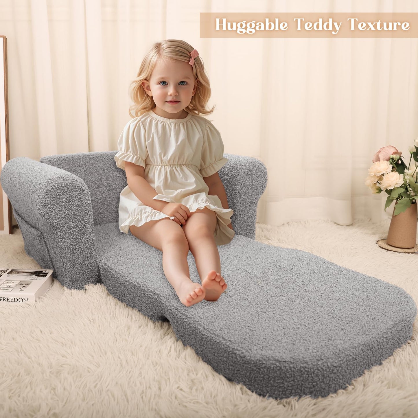 Hrebr Chairs for Toddler, 2-in-1 Toddler Soft Teddy Baby Couch Fold Out, Convertible Chair to Lounger for Girls and Boys|Safety Certified | Gift for Children