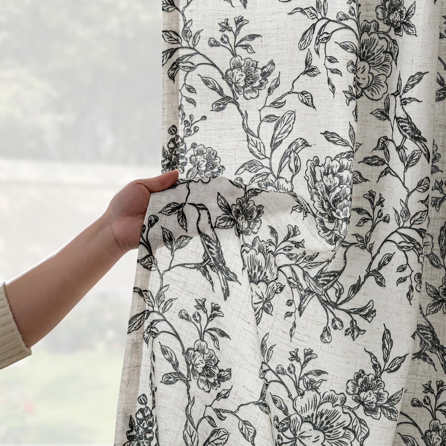 VISIONTEX Floral Farmhouse Curtains 84 Inch Length, Black Peony Printed Linen Blend Drapes, Back Tab & Rod Pocket Light Filtering Window Curtains for Living Room Bedroom, Set of 2 Panels