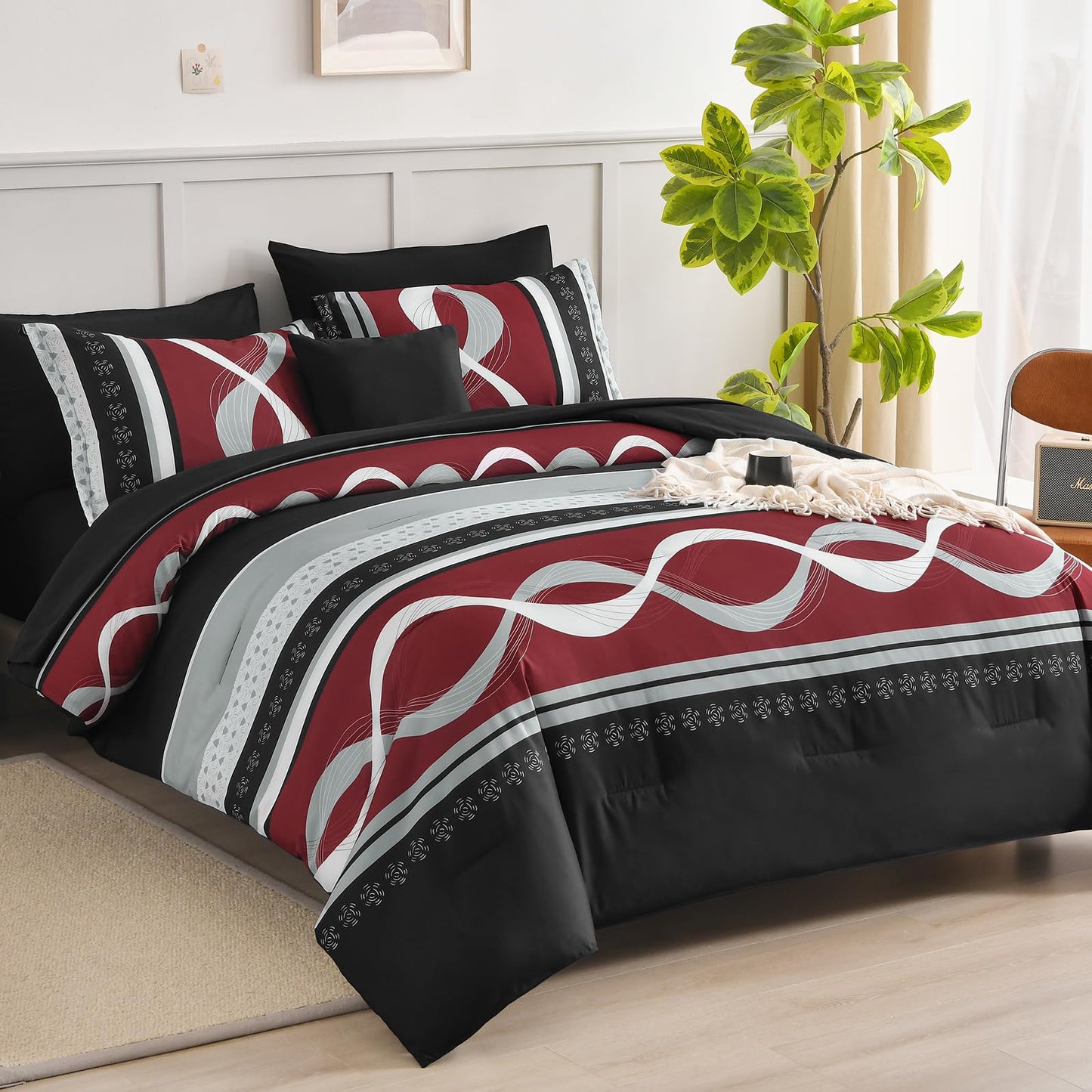 Anibedding Burgundy Comforter Set Queen Size, 8 Pieces Striped Bed in a Bag, Patchwork Comforter with Sheets Set Soft Microfiber Boho Bedding Sets(90"×90")