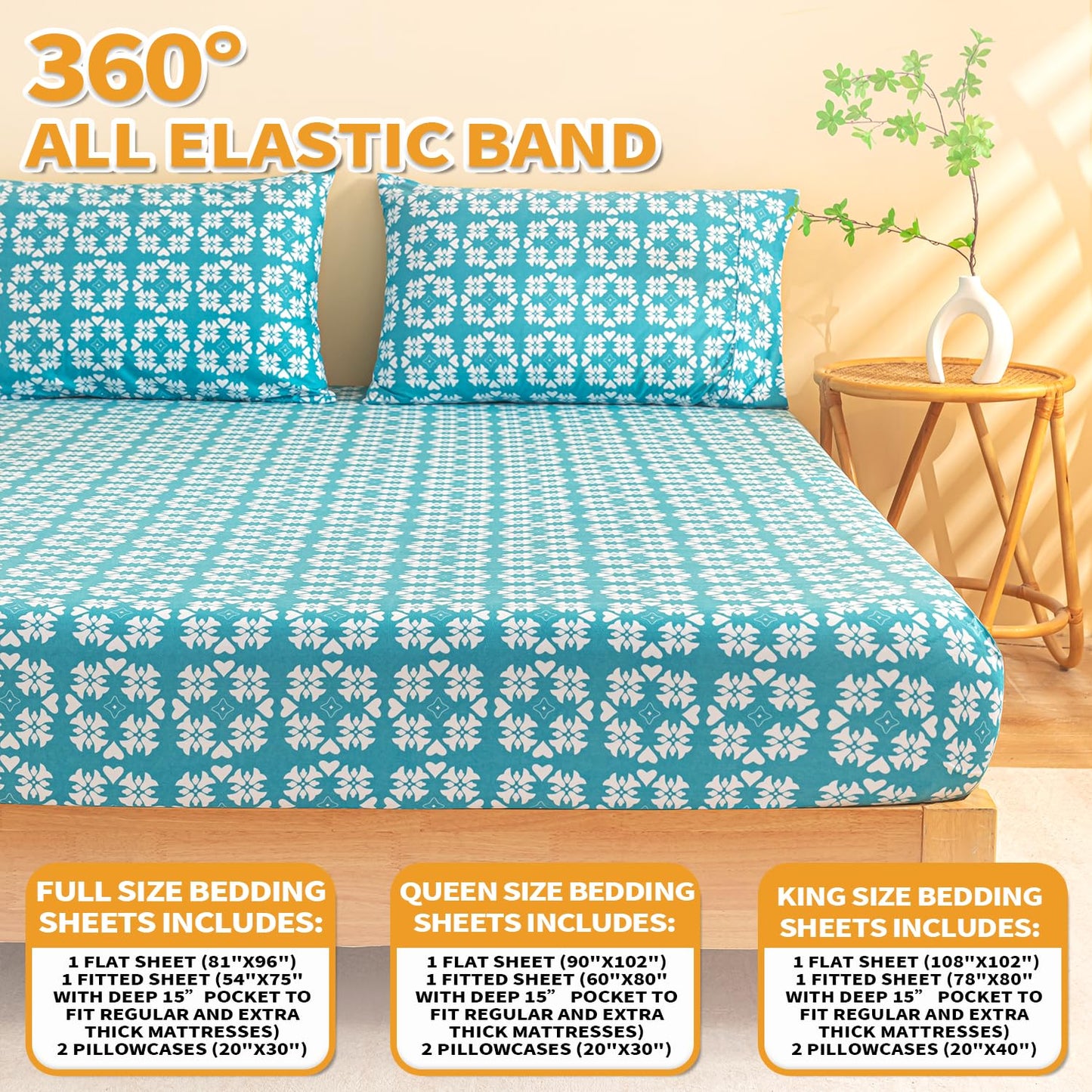 Marquess Printed Flannel Sheets Queen Size, Microfiber Brushed Flannel Bed Linen Set Deep Pocket Ultra Soft & Durable, 4 Piece (Blue, Queen)