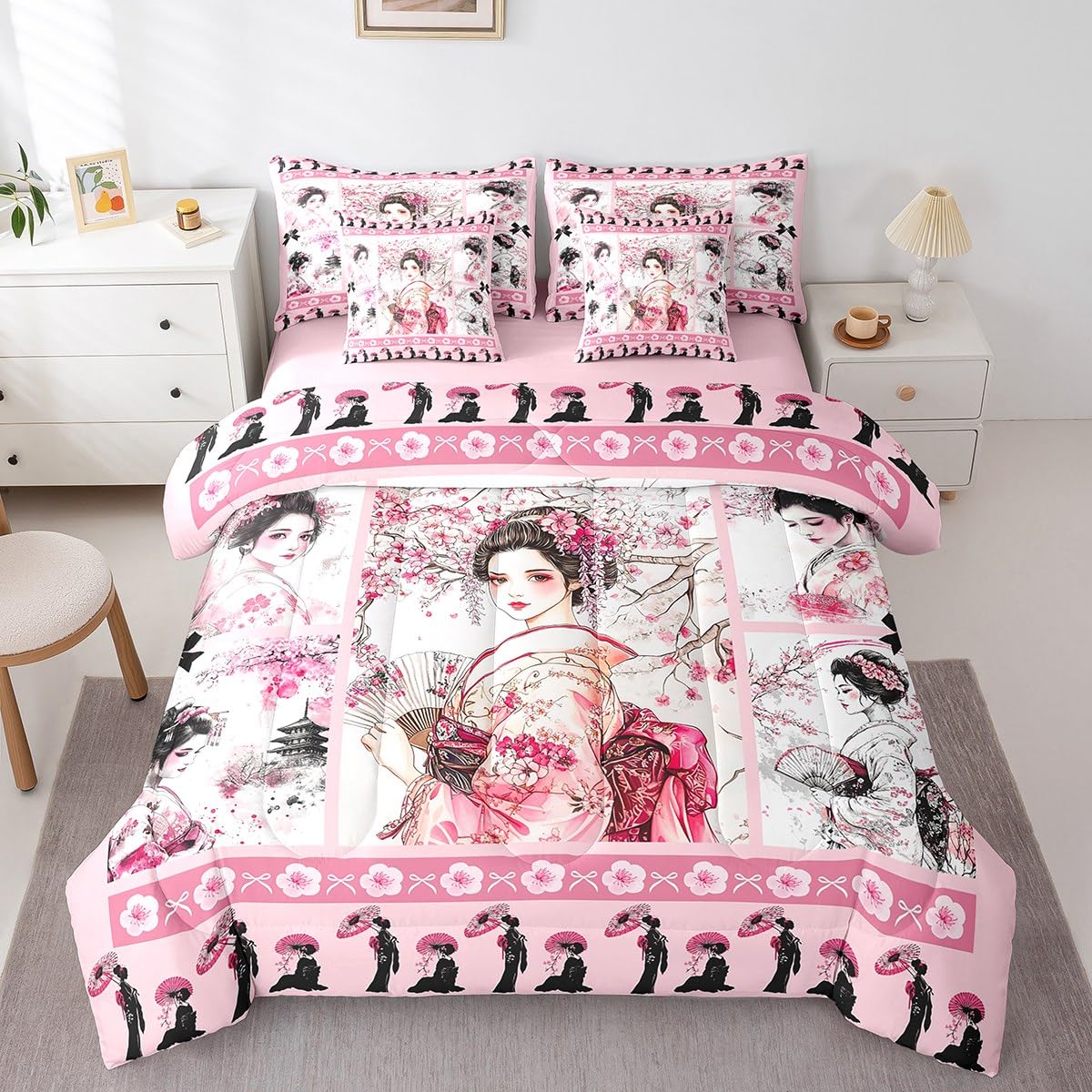 Feelyou Japanese Geisha Comforter Set Twin Size 7 Pieces Cherry Blossoms Kids Boys Girls Bowknot Bedding Set Pink Japanese-Style Plaid Bed in a Bag with Comforter, Sheets, Pillowcases & Cushion Cover