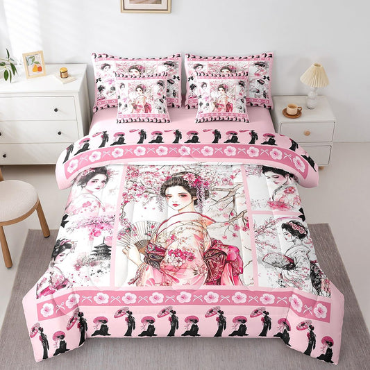 Feelyou Japanese Geisha Comforter Set Twin Size 7 Pieces Cherry Blossoms Kids Boys Girls Bowknot Bedding Set Pink Japanese-Style Plaid Bed in a Bag with Comforter, Sheets, Pillowcases & Cushion Cover