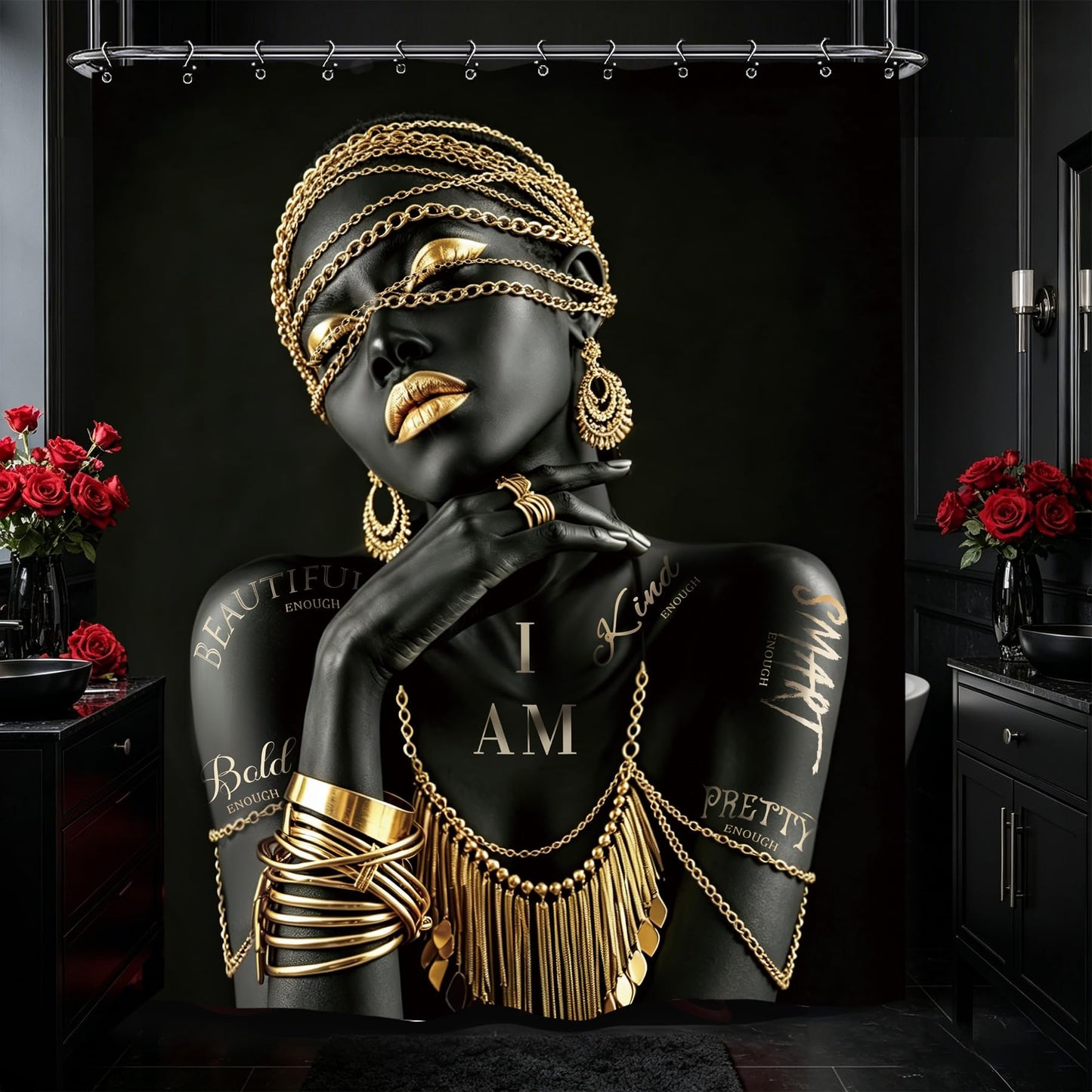Yookeb African American Flower Bathroom Shower Curtain 60W by 71H Inch Black Gold Girl Woman Sexy Quotes Inspirational Motivational Positive Polyester Fabric 12 Hooks Waterproof Decor