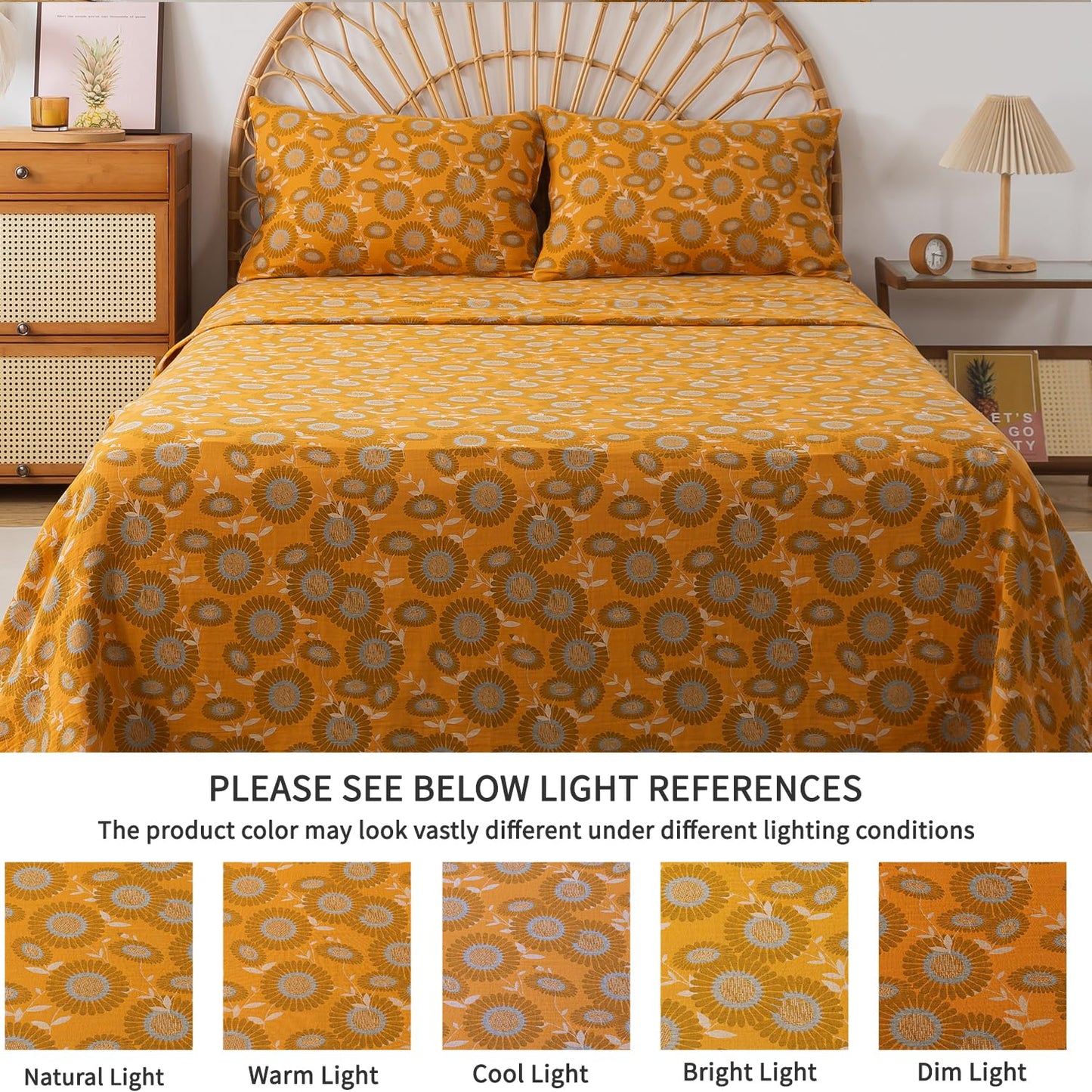 FADFAY Double Gauze 100% Cotton Queen Sheets Set Floral Bed Sheets Deep Pocket Fitted Sheet, Luxury Sunflower Pattern Shabby Vintage Countryside Style Bedding 4Pcs