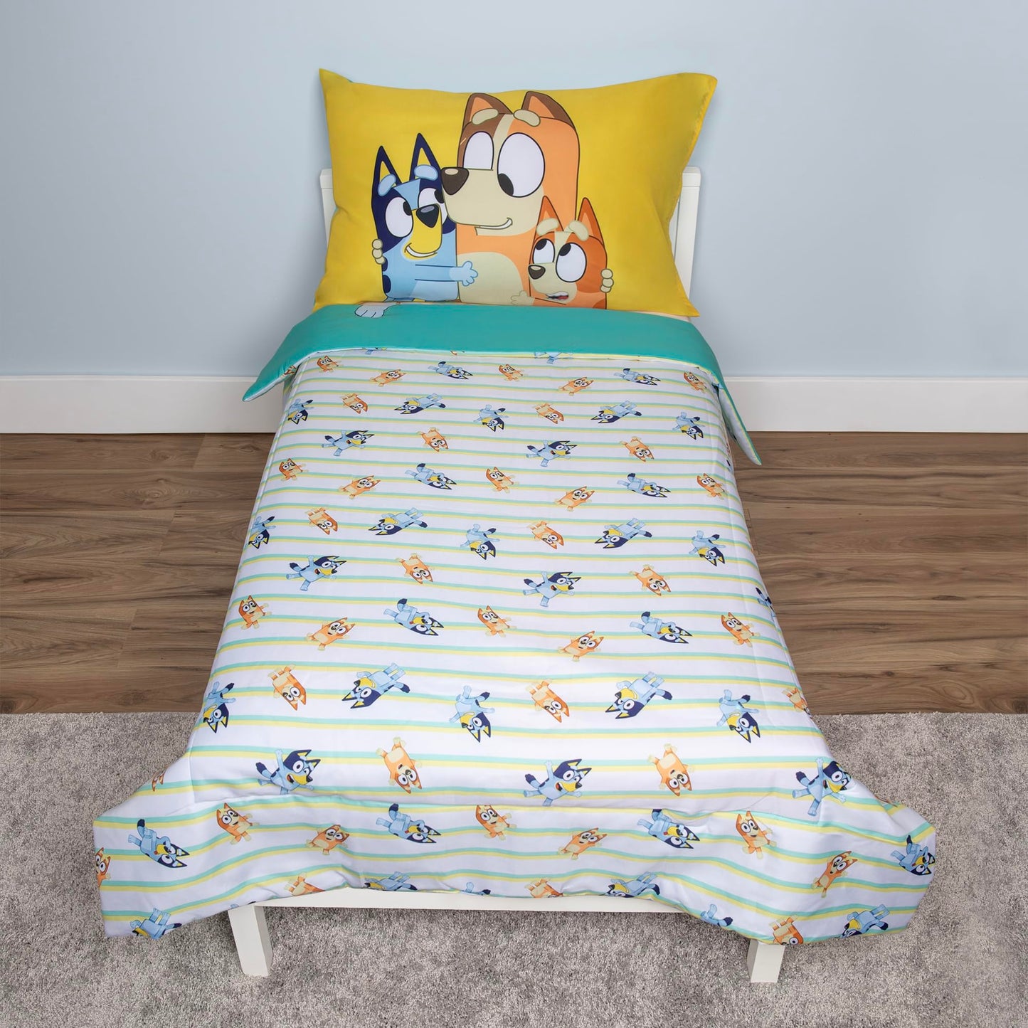 Bluey 4 Piece Toddler Bedding Set – Includes Comforter, Sheet Set – Fitted Top Sheet Reversible Pillowcase for Boys or Girls Bed, Blue