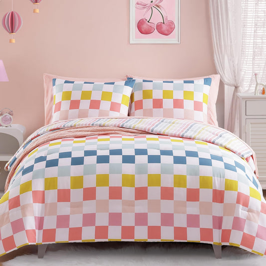 Wink Deer Full Size Comforter Set for Girls-7 Pieces Colorful Checkered Full Bedding Sets for Kids, Ultra Soft Bed in A Bag with Sheets