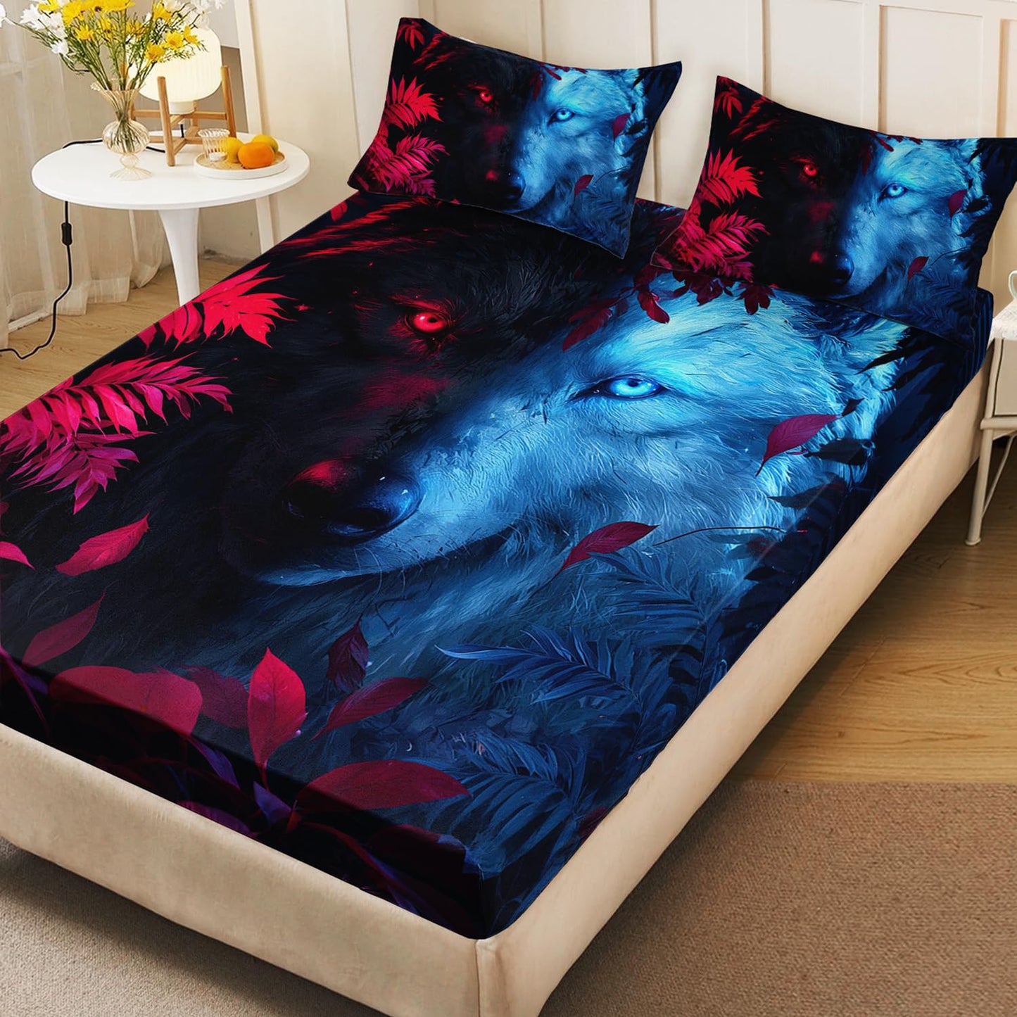 HOSIMA Wolf Twin Bedding Sets for Kids,Blue Black Wolf Print Fitted Sheet,Red Maple Leaves Pattern Animal Themed Wildlife Bedding Sets for Teens Boys Room Decor,1 Fitted Sheet+2 Pillowcases.