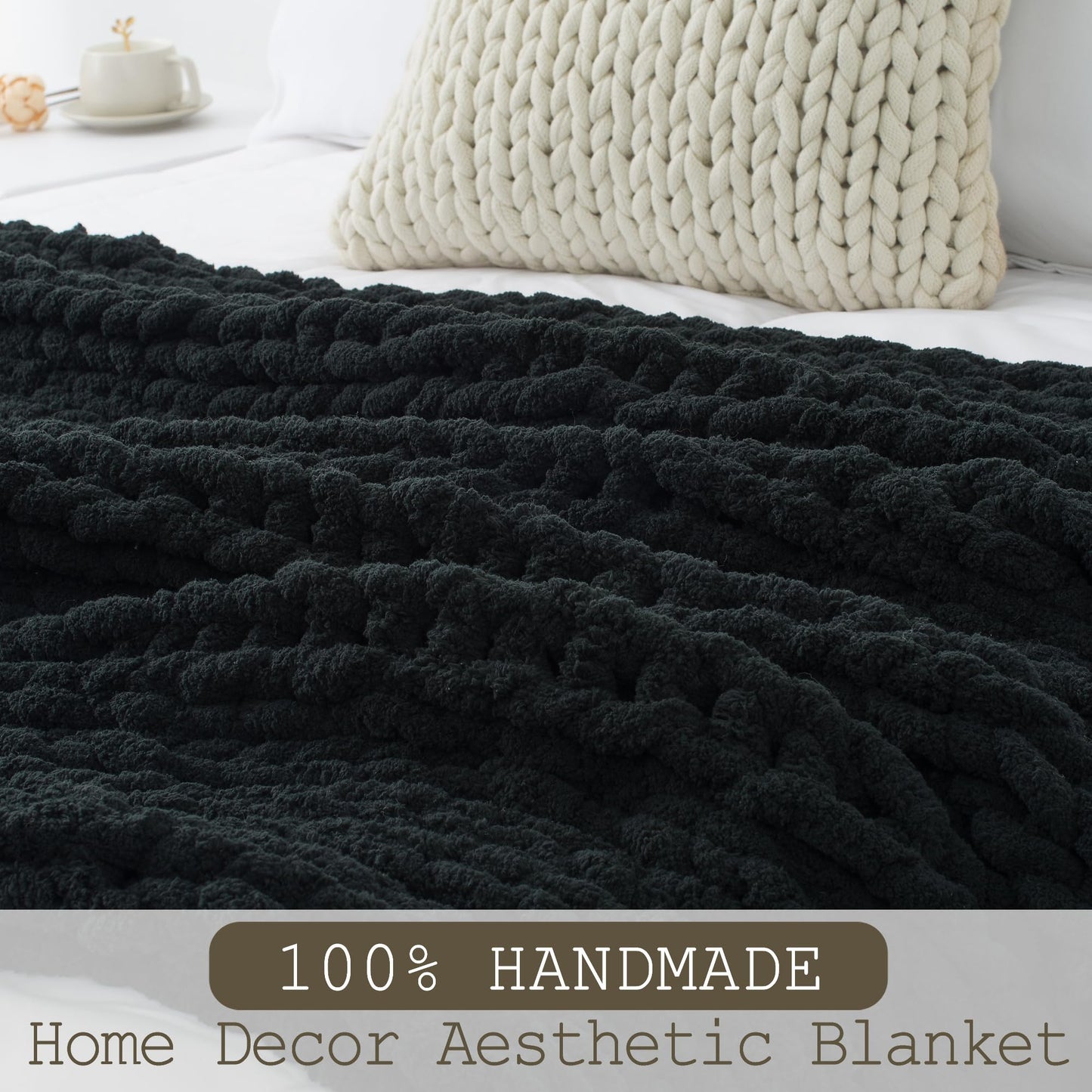 LONG CREATE Chunky Knit Throw Blanket Bundle Chenille Throw Blanket， 50"X 60" Black