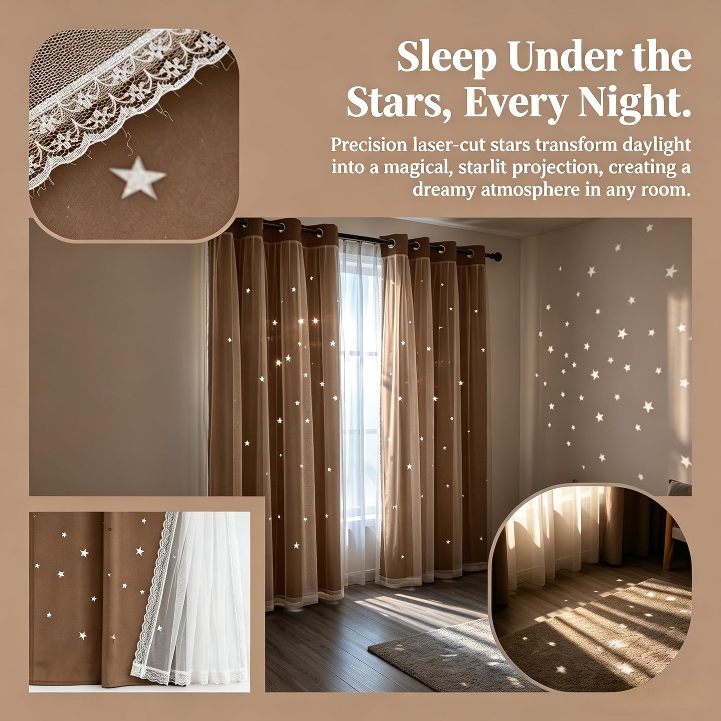 Kinryb 63 Inch Long Star Cut-Out Blackout Curtains for Bedroom Mix and Match Curtain for Kids Girls Bedroom Thermal Insulated Drape 42" W x 63" L Coffee 2 Panels