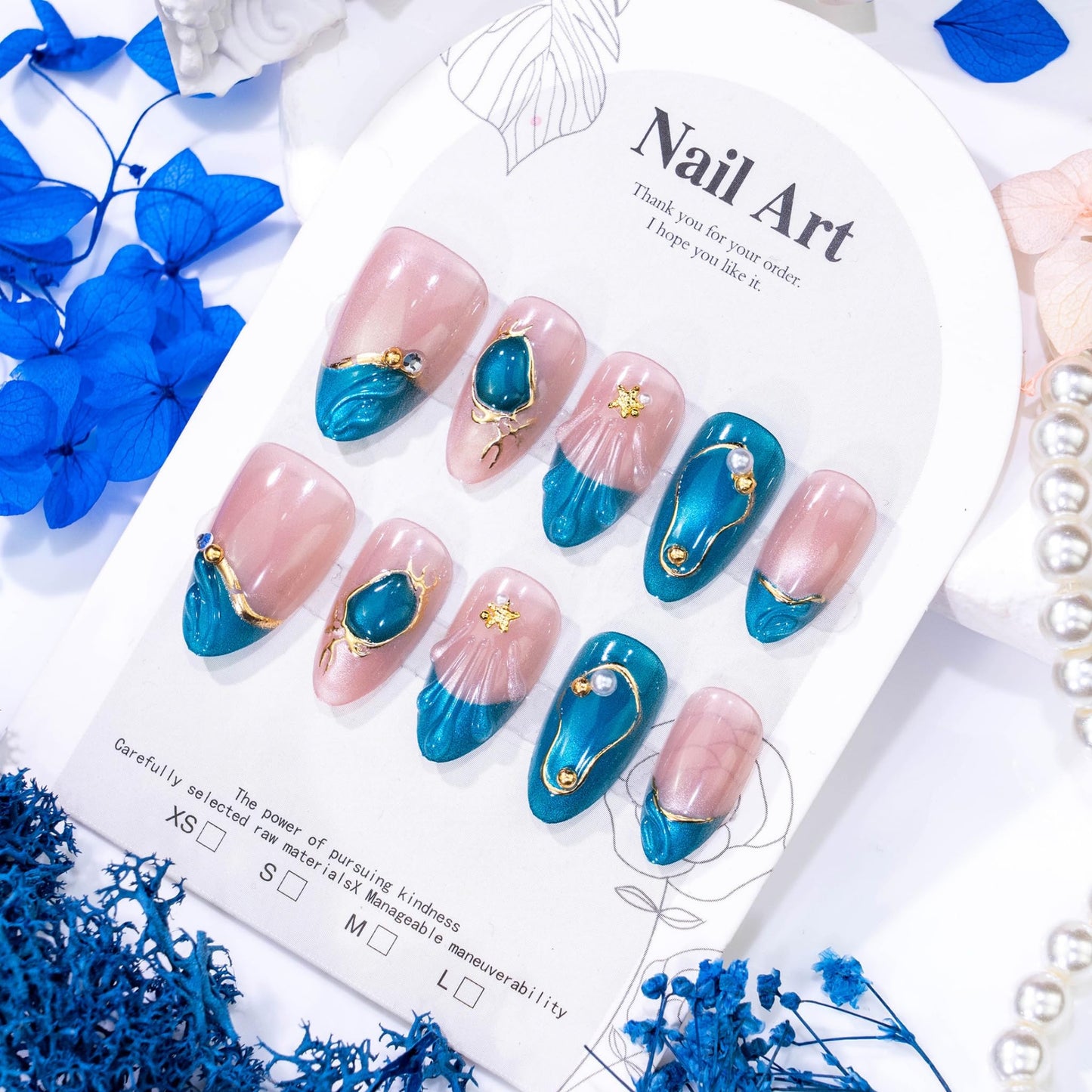 Medium Press on Nails Almond Fake Nails Blue Artificial Nail Metallic Seashell French Tips Gold Frame Pearl Gem Charm Luxury Mermaid Salon Style Stick on Nail for Women 30pcs