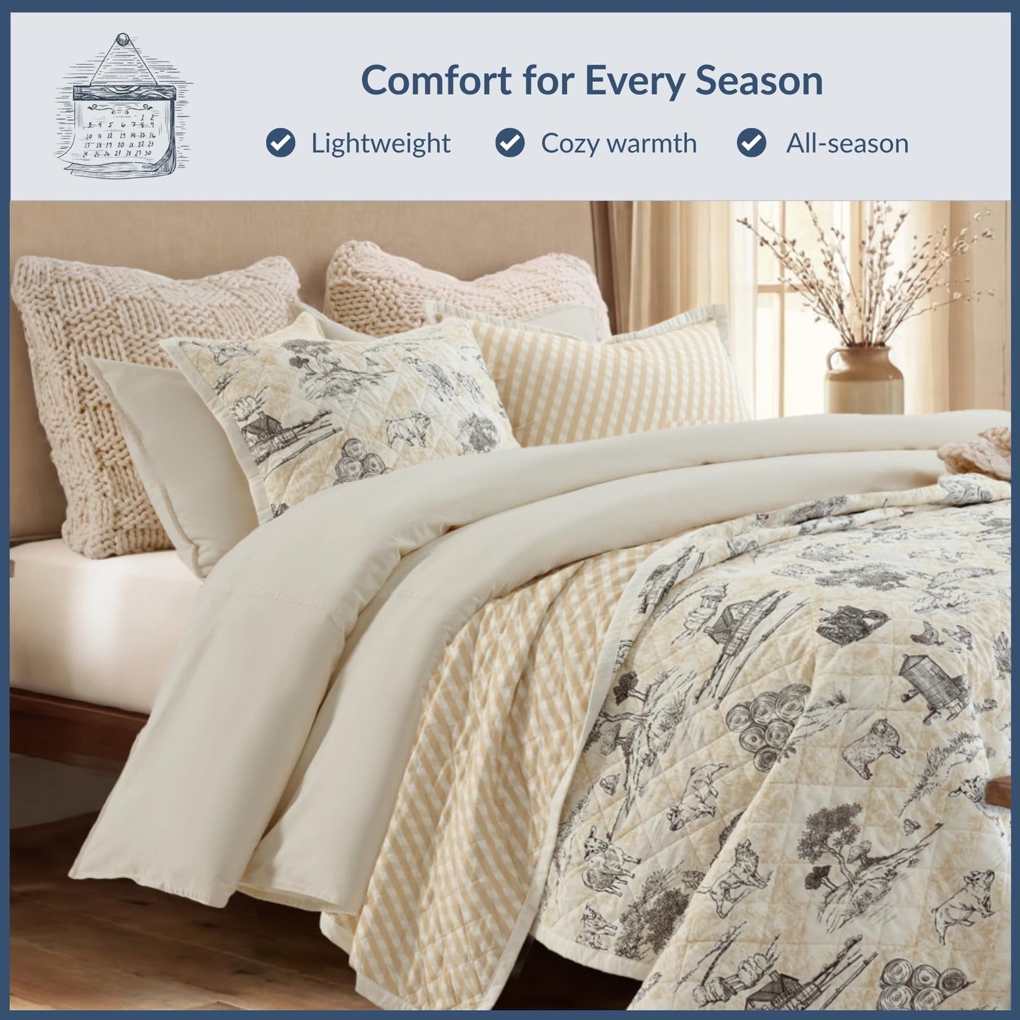 Paseo Road Indigo Hill by HiEnd Accents Farm Life 3 Piece King Size Quilt Set, Animal Farm Barn Toile Print Rustic Bedding, Cream Tan Lightweight Quilt for Farmhouse Bedding and Cabin Bedrooms