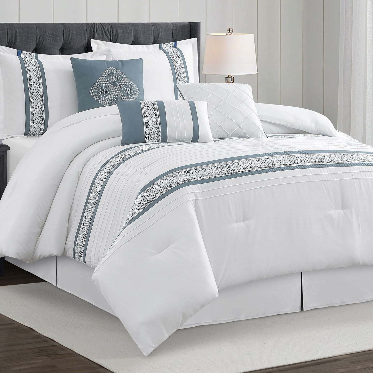 LANCO MODERN LIFESTYLE 7 Piece Comforter Set, Blue White, Queen Size, Boho Style Geometric Microfiber Embroidery, Bed in a Bag with Bedskirt, Pillow Shams and Decor Pillows