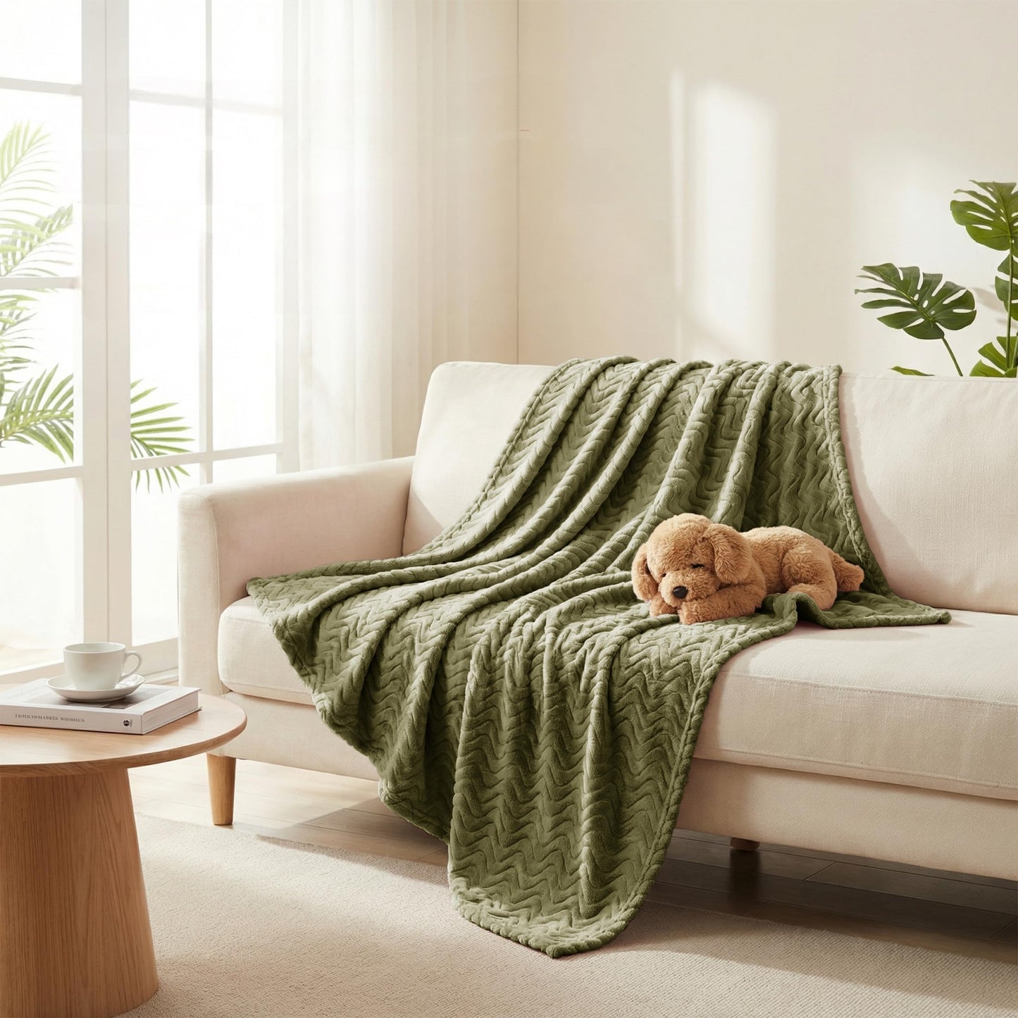 Exclusivo Mezcla Fleece Throw Blanket for Couch, Lightweight Jacquard Bed Blanket for Spring Summer, Soft Cozy Breathable Throws, Olive Green, 50x70 Inches
