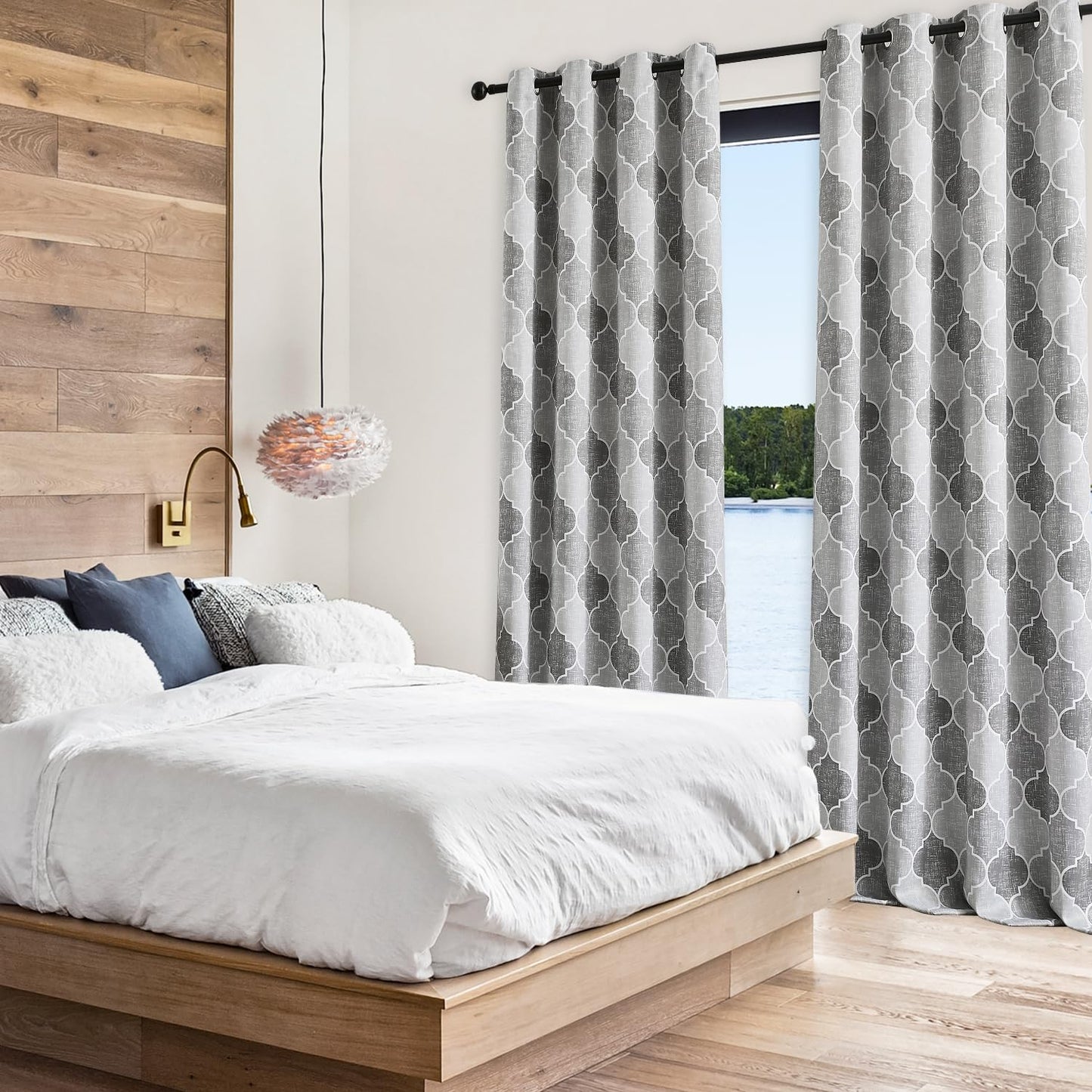 Ronaldecor Full Blackout Curtains 84 Inches Long 2 Panels Gray Moroccan Lattice Patterned Drapes Room Darkening Thermal Insulated Grommet Top Window Treatments Sets for Bedroom Living Room, 52" W