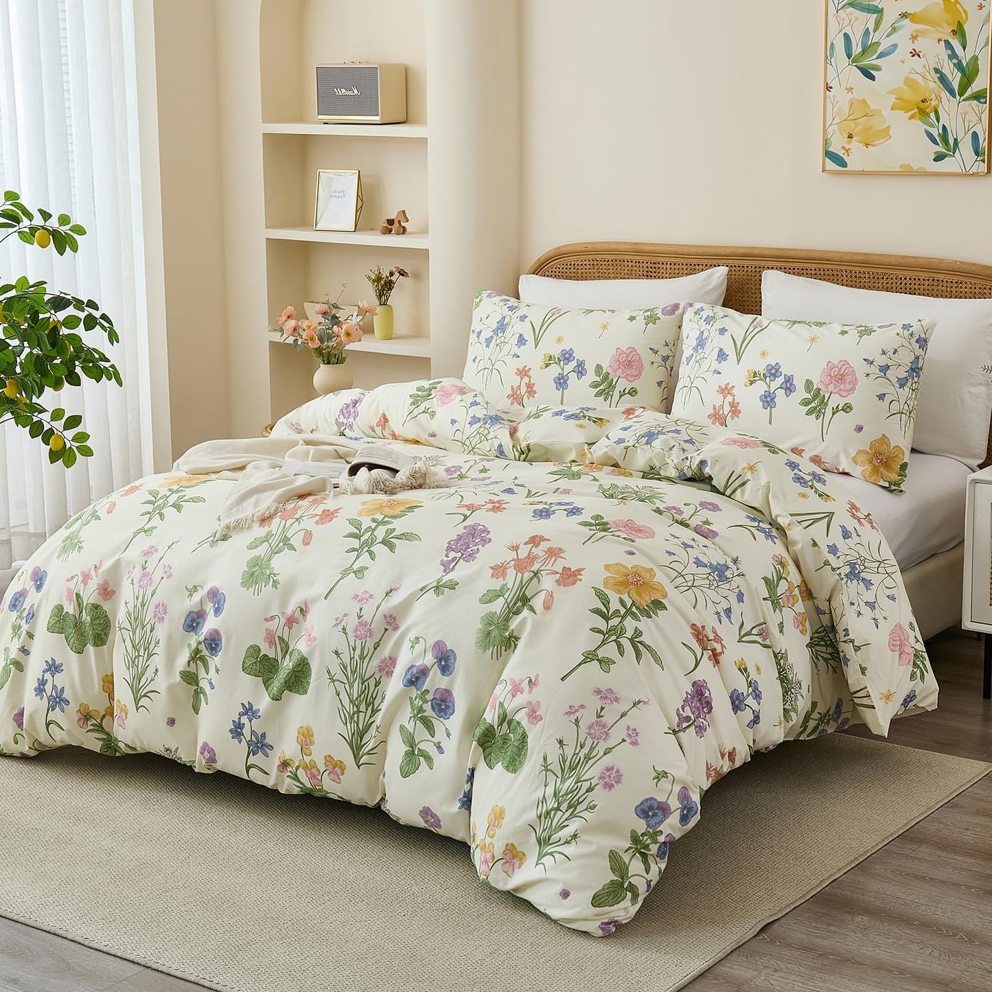 Cozaline 100% Cotton Duvet Cover King Size – Botanical Garden Print, Green Floral Duvet Cover Set with Zipper Closure, 3-Piece Soft Breathable Natural Cotton Bedding Set for All Seasons