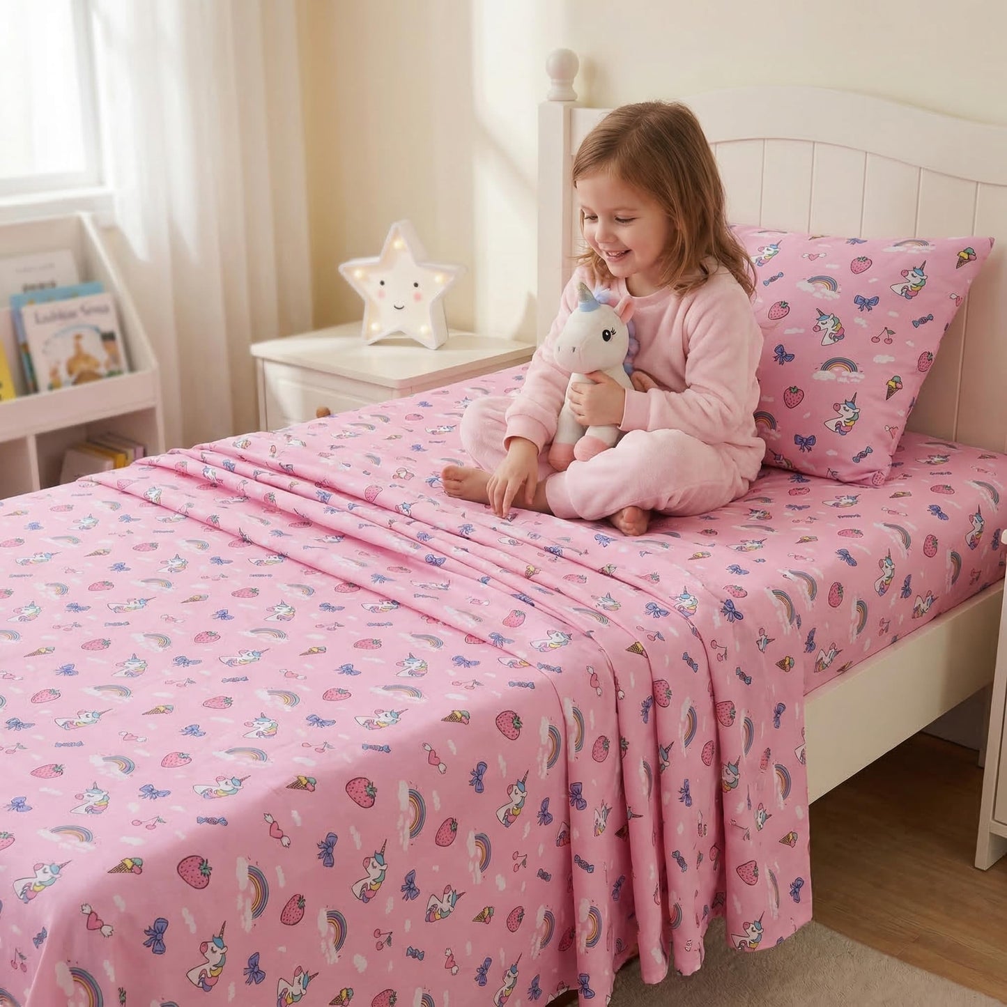 YIYEA 100% Cotton Kids Sheets, Ultra Soft Cozy Cute Bed Sheets Set for Girls, Boys, Teens, 16" Deep Pocket, 3PC, Twin