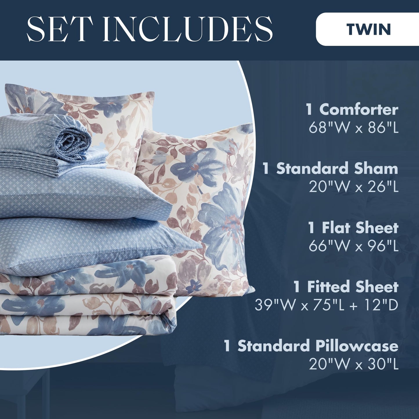 Madison Park Essentials Twin Comforter Set with Sheets, Floral Bed in A Bag Microfiber Comforter for Twin-Size Bed, Shabby Chic Twin Bedding Set Diamond Printed Sheet, Luna, Twin, Blue 5 Piece