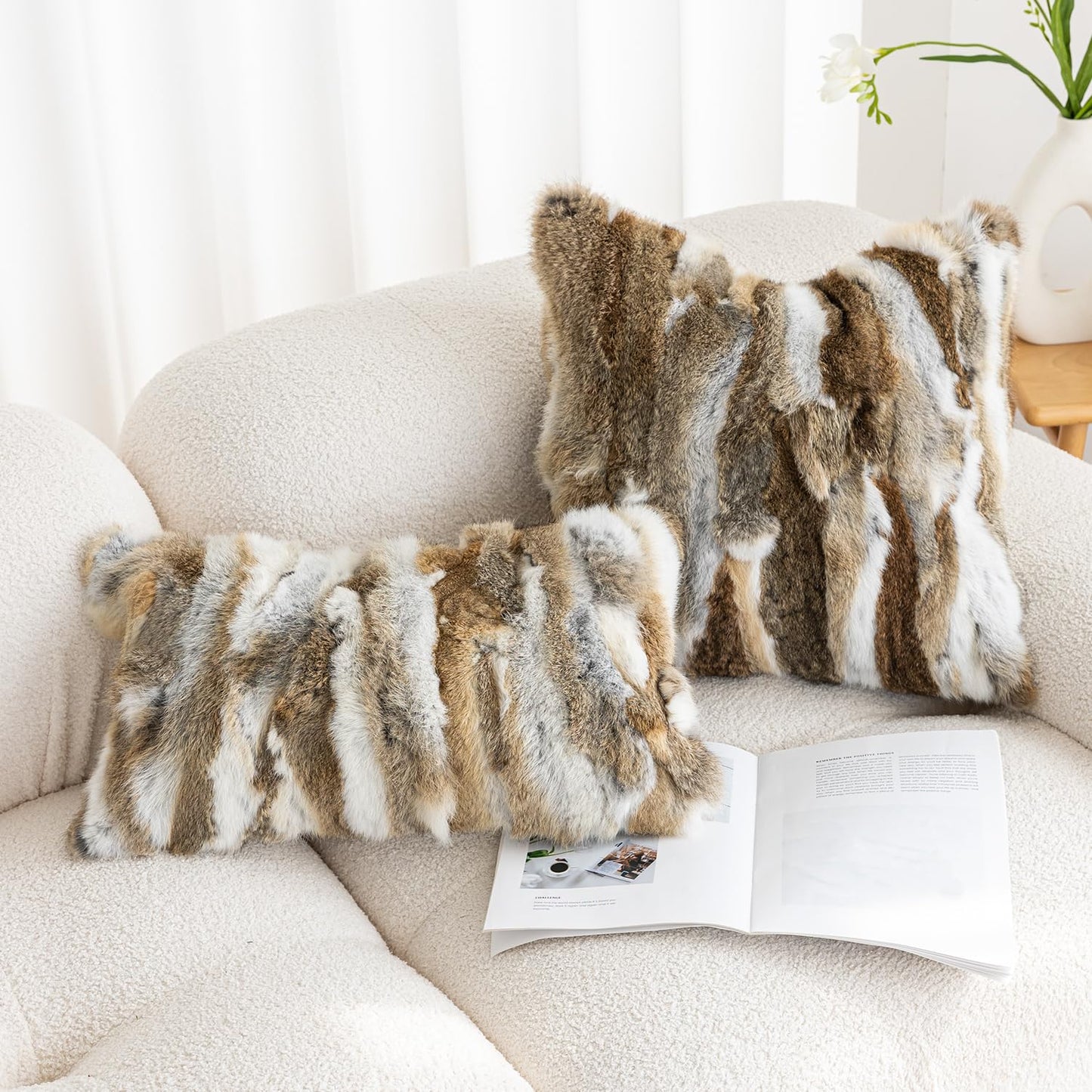 ROSE FEATHER Genuine Rabbit Fur Pillow Covers Set of 2,Luxury Decorative Throw Pillowcases Fluffy Animal Skin Accents Bolster Cushion Cover for Couch Sofa Bedroom Living Room Home,12x20inch,Yellow