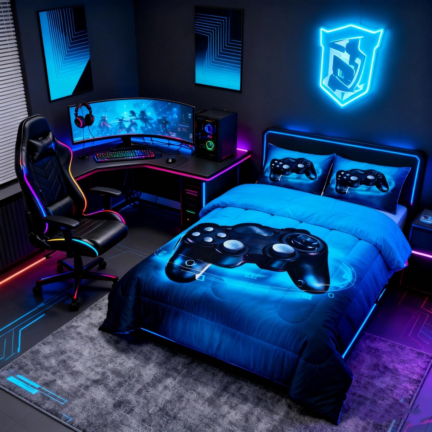 Feelyou Gamer Comforter Sets for Boys Twin Bedding Set for Boys Kids Gaming Comforter Gamer Room Decor Blue Video Game Bed Set Teens Bedroom Gamepad Duvet Set All Season 1 Comforter with 1 Pillow Case