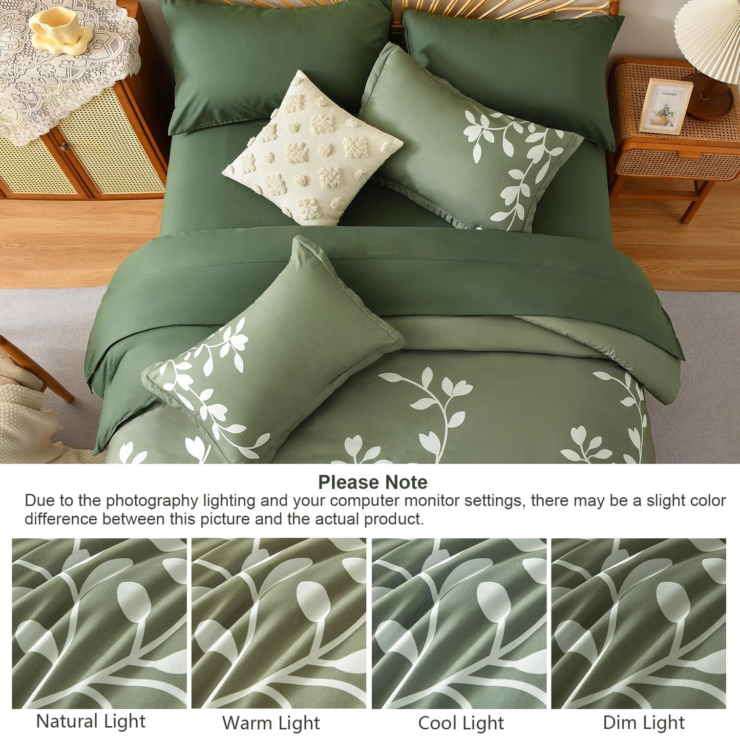 METAHOTS Queen Size Comforter Set - 7 Piece Floral Botanical on Green Comforter Sets with Sheets and Pillows, Soft Lightweight Microfiber Bedding Set for All Season(90"X90")