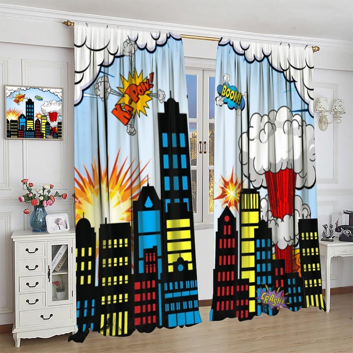 Hero Curtains for Kids Buildings Cityscape Cartoon City Comic Art Window Treatments for Boys Girls Bedroom Nursery Décor Drapes 2 Panel Sets Total Size 42" x 45"