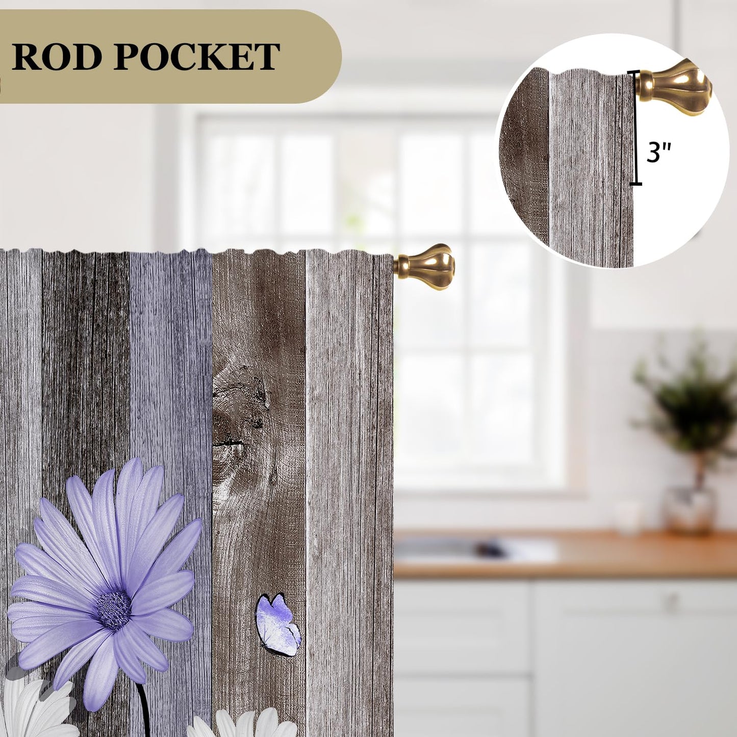 Cizuug Purple Farmhouse Daisy Kitchen Curtains Wooden Flower Small Short Cafe Window Curtains Rustic Floral Butterfly Country Bathroom Drapes Treatment Tier Curtains 2 Panels