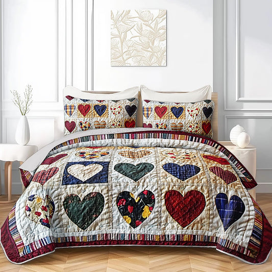 XYNHML Colorful Heart Printed Quilt Bedding Full 3Pcs Red Love Plaid Pattern Quilt Bed Set Retro Patchwork Lightweight Soft Bedspread Coverlet with 2 Pillowcases for Kid Boy Girl Teen Adult Bed Decor