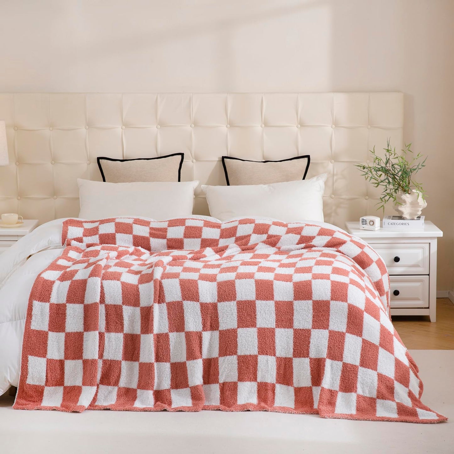 YIRUIO Checkered Knit Throw Blanket Ultra Soft Microfiber Reversible,Fluffy Fuzzy Cozy Throw for Bed,Sofa Couch Home Decor Red 60x80 Inches Twin Size