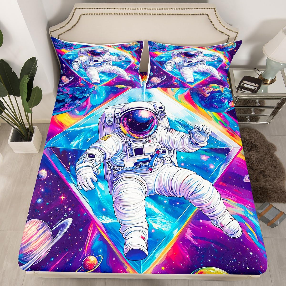 Feelyou Astronaut Sheet Set Queen Size Kids Outer Space Sheets with Deep Pocket Fitted Sheet for Boys Teens Cosmonaut Spaceman Bed Sheets Set Breathable Galaxy Bedding Set Universe Planets Bed Set