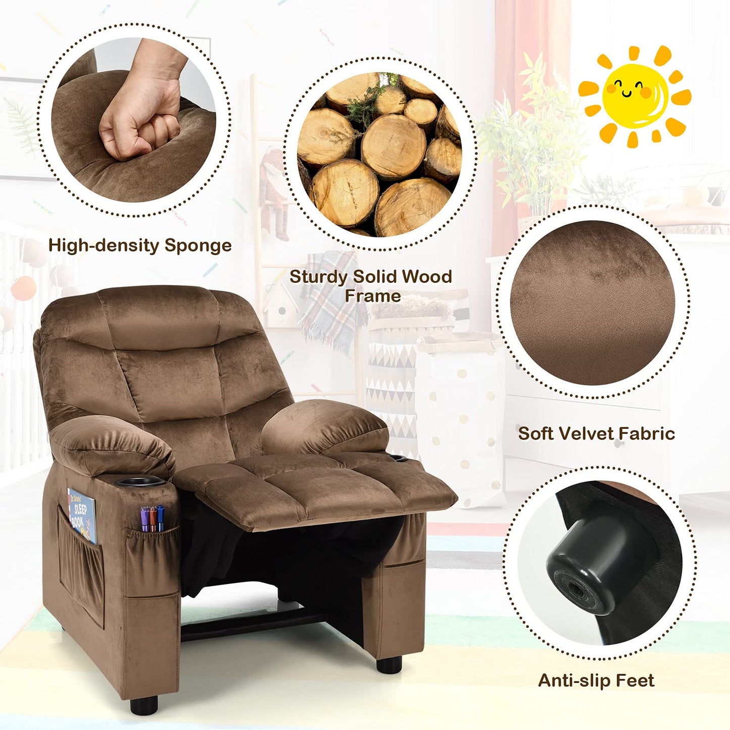 CHEFJOY Kids Recliner, Kids Recliner Chair w/ 2 Cup Holders, Velvet Fabric Chairs Comfy w/Adjustable Backrest & 3 Pockets, Toddler Furniture Sofa for Boys Girls Aged 3+