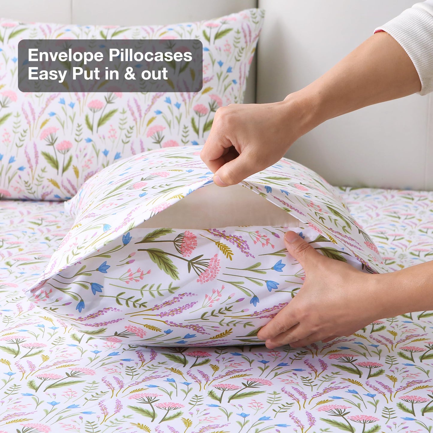 Viviland Floral Twin Sheet Set - 3 Piece Lavender & Blue Bell Pink Cluster Botanical Patterned Bed Sheets - Soft, Breathable Microfiber Sheets with Deep Pocket, Non-Slip Fitted Sheets & Pillowcases