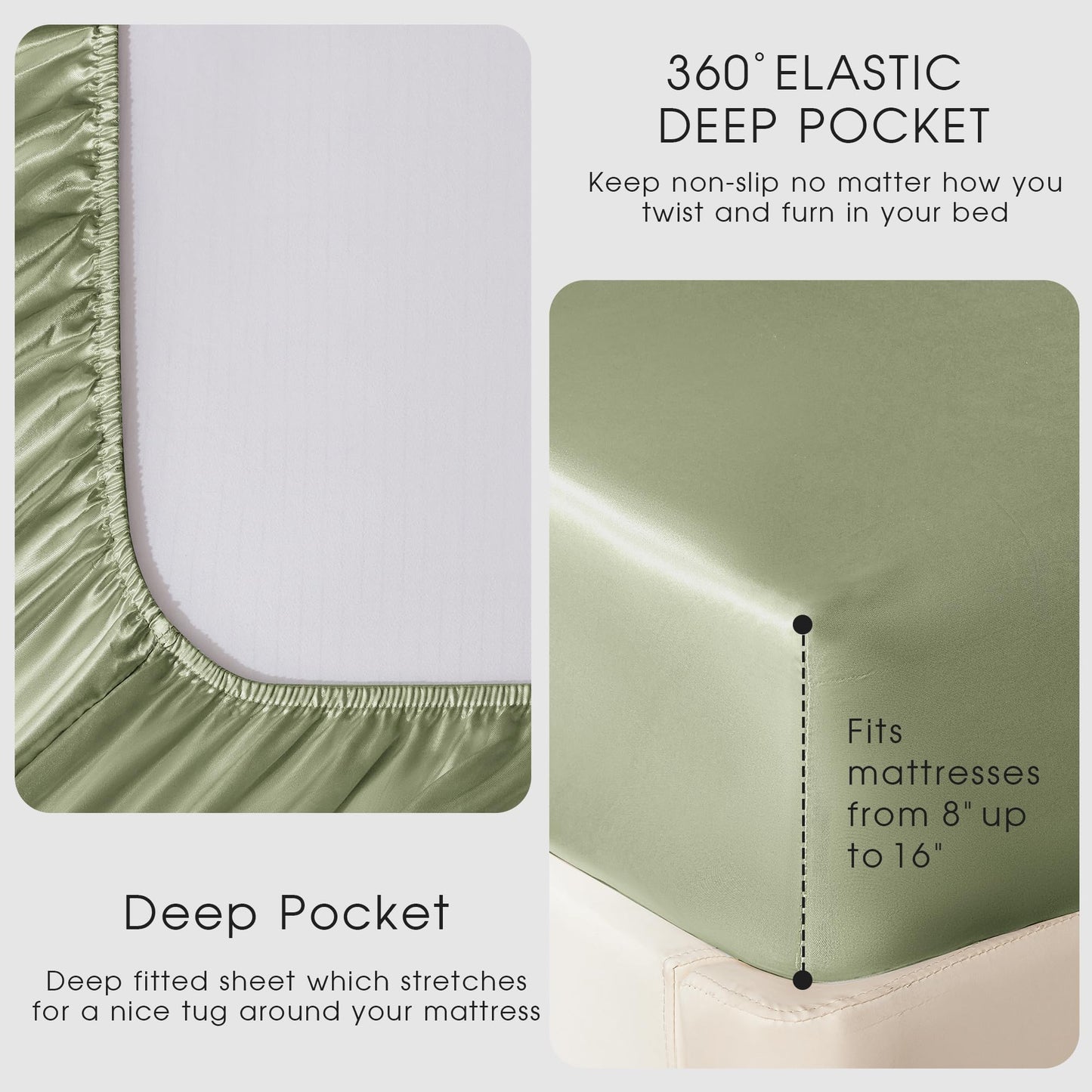 FreshCulture Satin Sheets Full Size - 4 Piece Luxury Soft Silky Full Size Bed Sheets, Similar to Silk Bed Sheet Set with 1 Deep Pocket Fitted Sheet, 1 Flat Sheet & 2 Pillowcases (Sage Green)