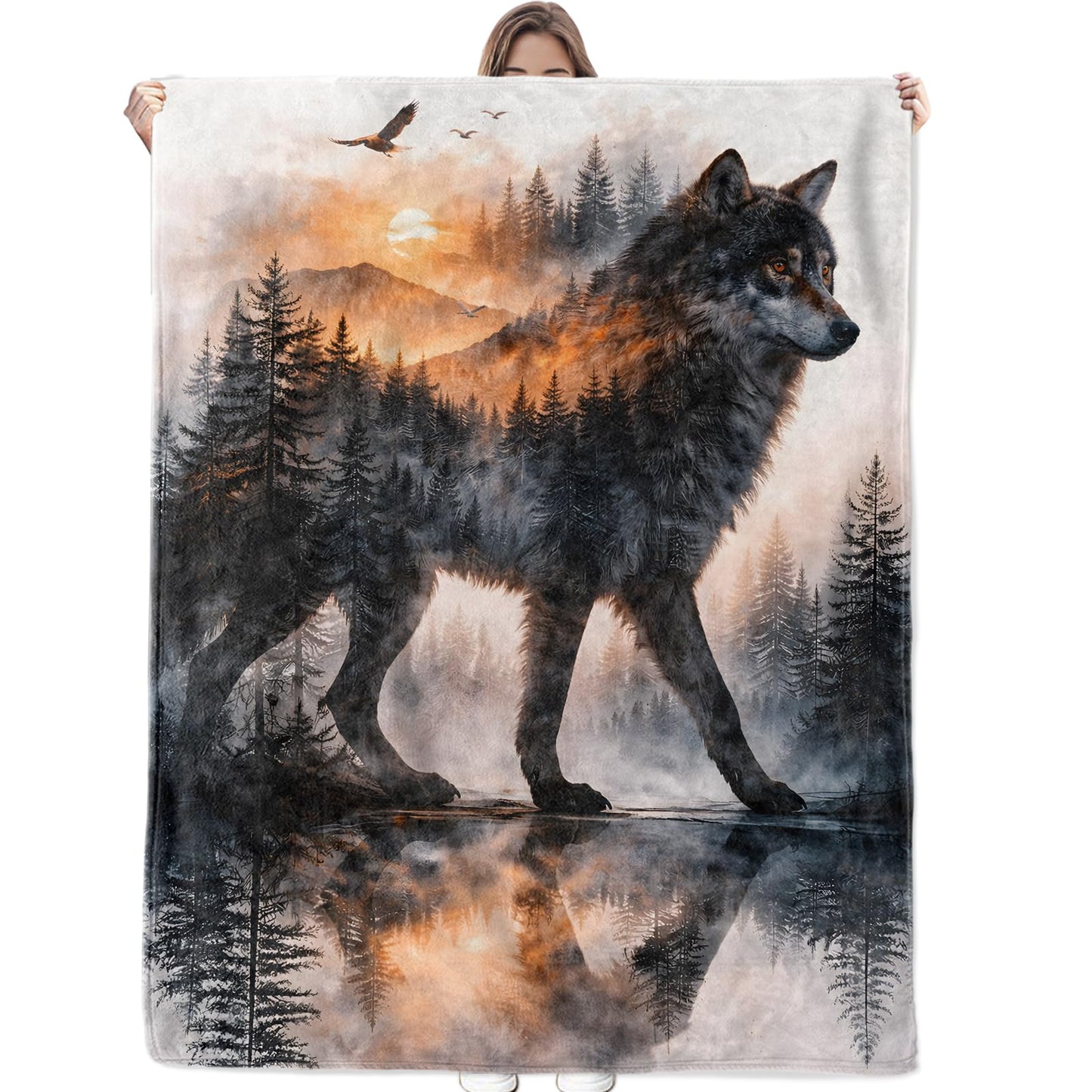 Wolf Forest Blanket Soft Cozy Mountain Sunset Wildlife Flannel Throw Blanket, Gifts for Men Teens, Warm Yet Lightweight Animal Blankets for Travel, Couch, Bed, Rustic Decor Comfort Wrap 60"×50"