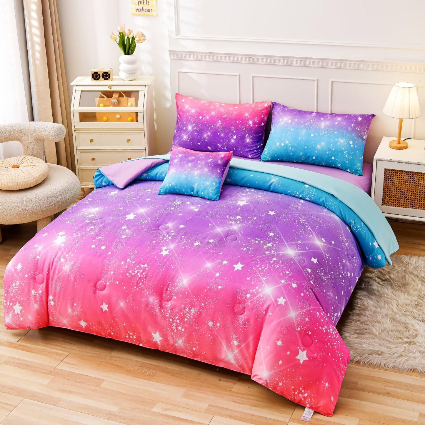 GRAT TIOC 6 Pieces Pink Purple Twin Comforter Set for Girls,Kids Glitter Galaxy Rainbow Bedding Sets Bed in A Bag (1 Comforter, 1 Flat Sheet,1 Fitted Sheet,2 Pillowcases and 1 Cushion Cover)